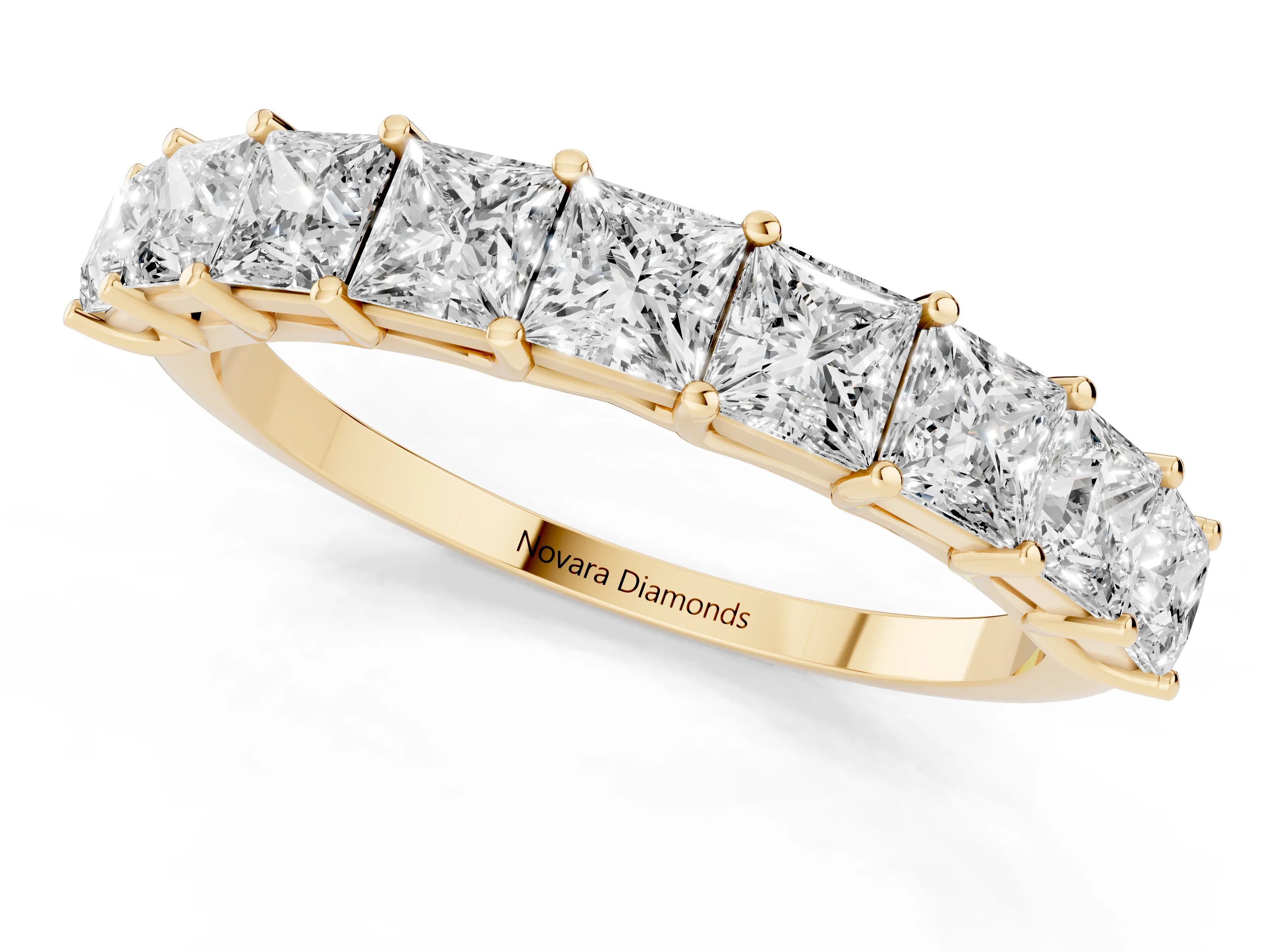 Princess Cut Diamond Channel Eternity Band Set in Yellow gold with Prong Detailing