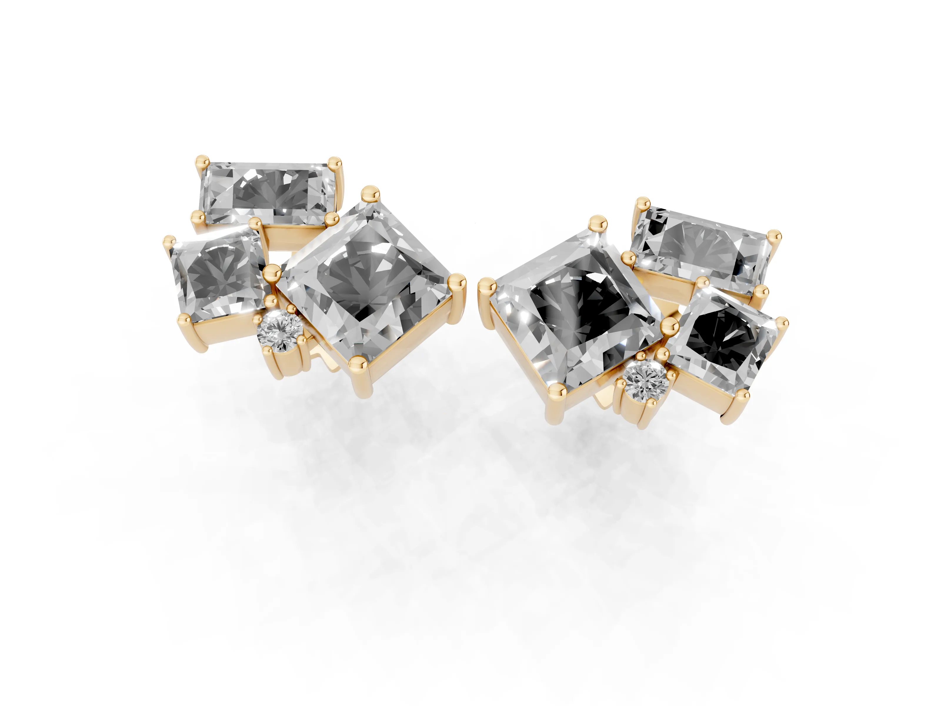 Princess Cut and Baguette Lab-Grown Diamond Mosaic Studs | On-Point Princess | Yellow Gold