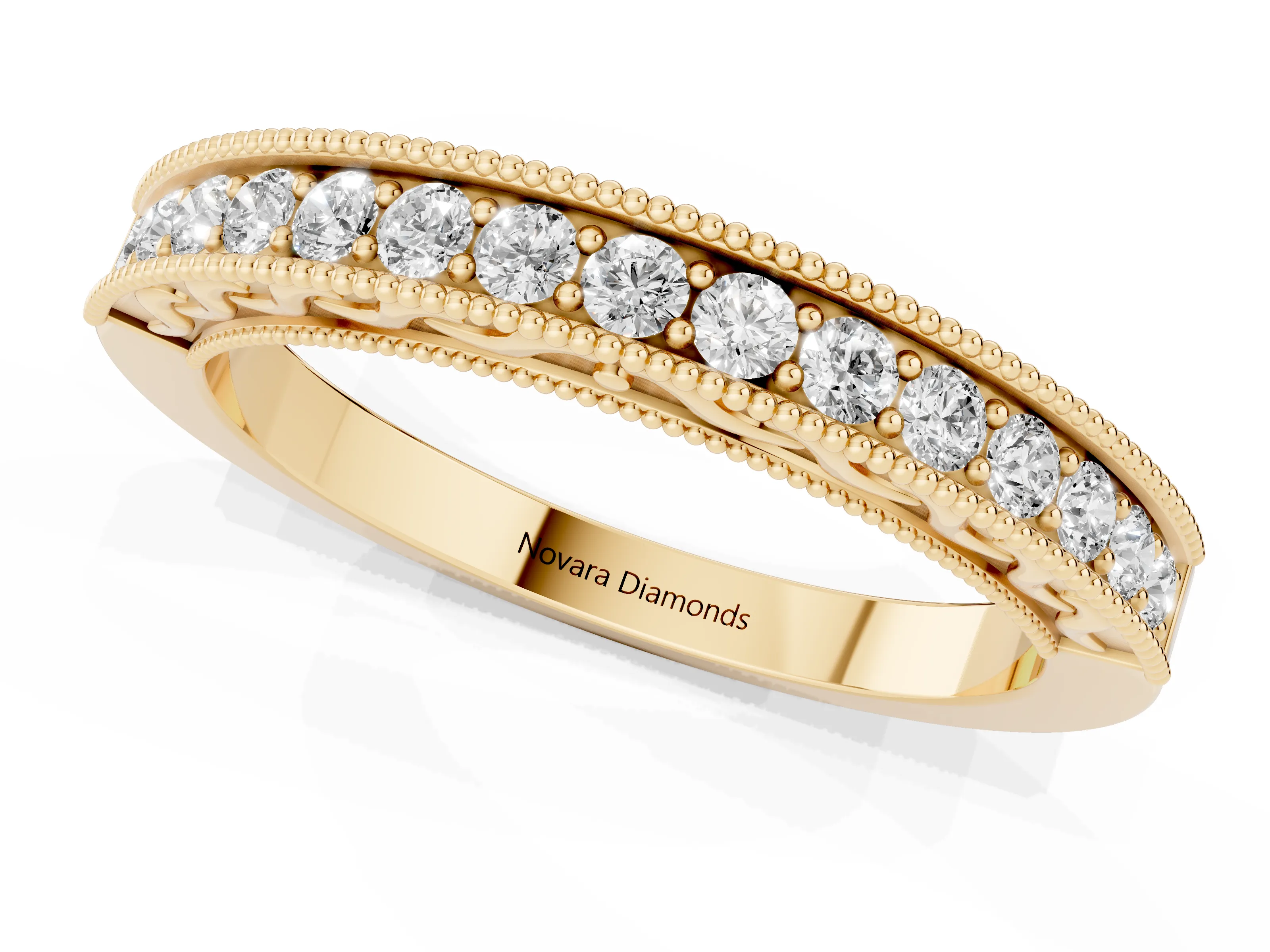 Round Diamond Channel Eternity Band Set in Yellow gold with Milgrain Border and Smooth Channel Top
