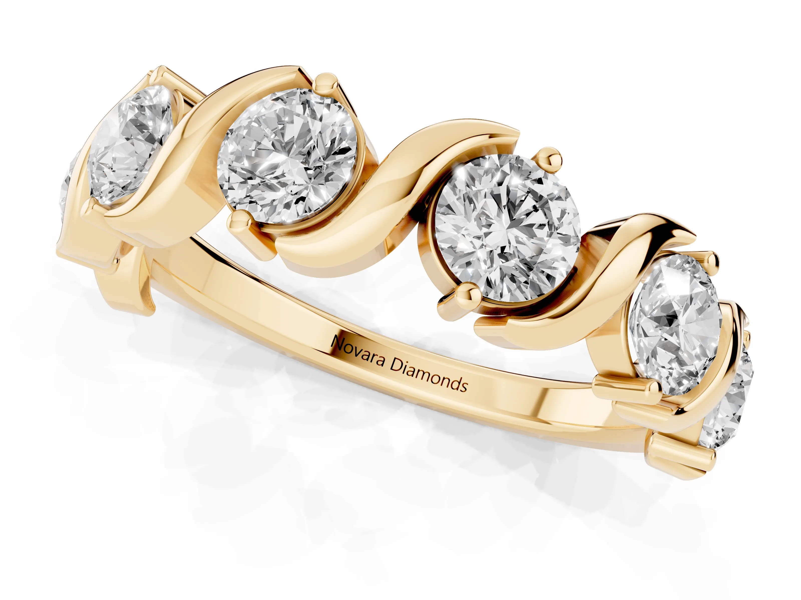 Round Diamond Six-Stone Wave Band Set in Yellow gold with Shared Prong Setting – second view