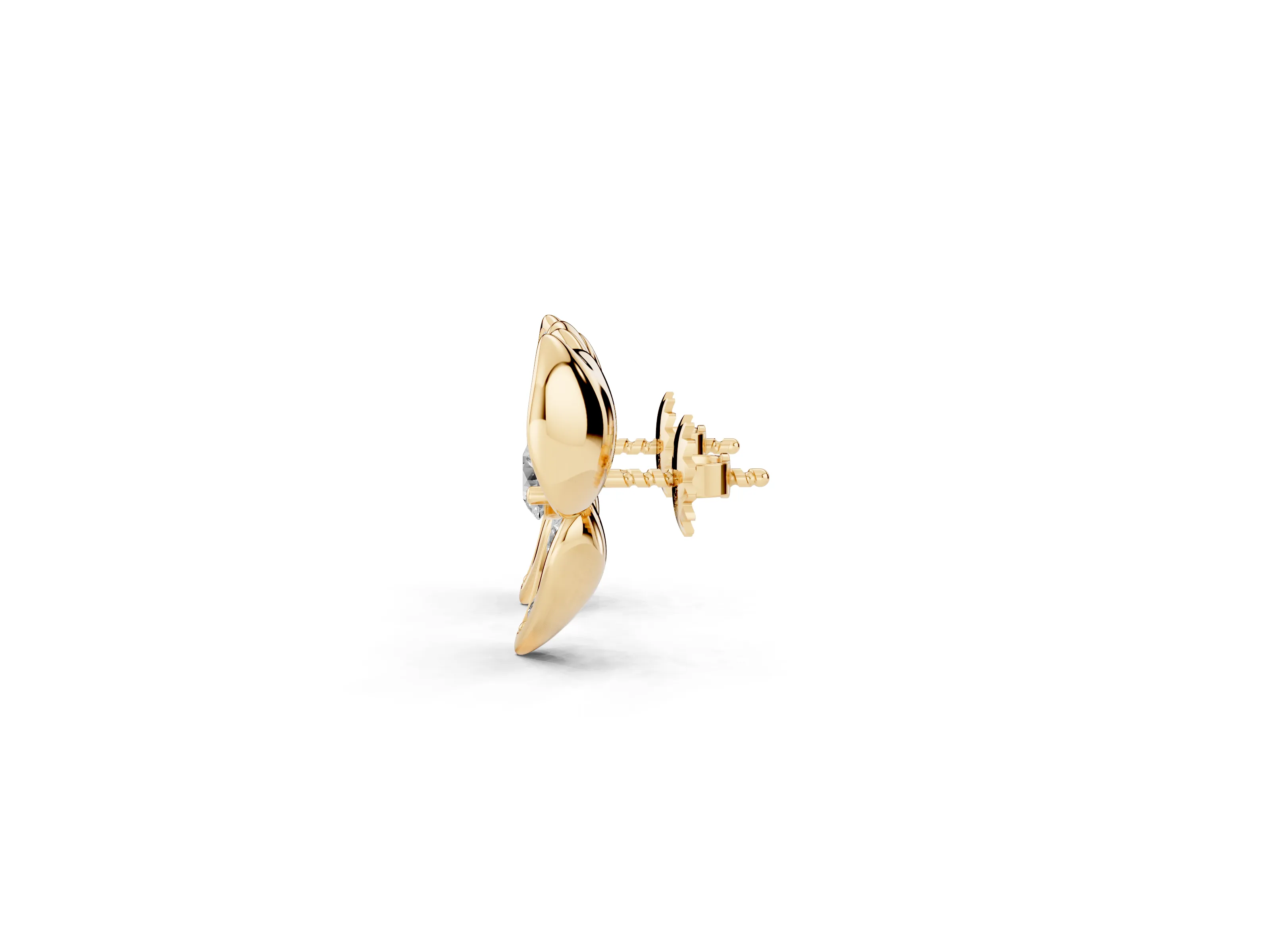 Round Lab-Grown Diamond Pavé Flower Stud Earrings | Three Heart Petals | Yellow Gold