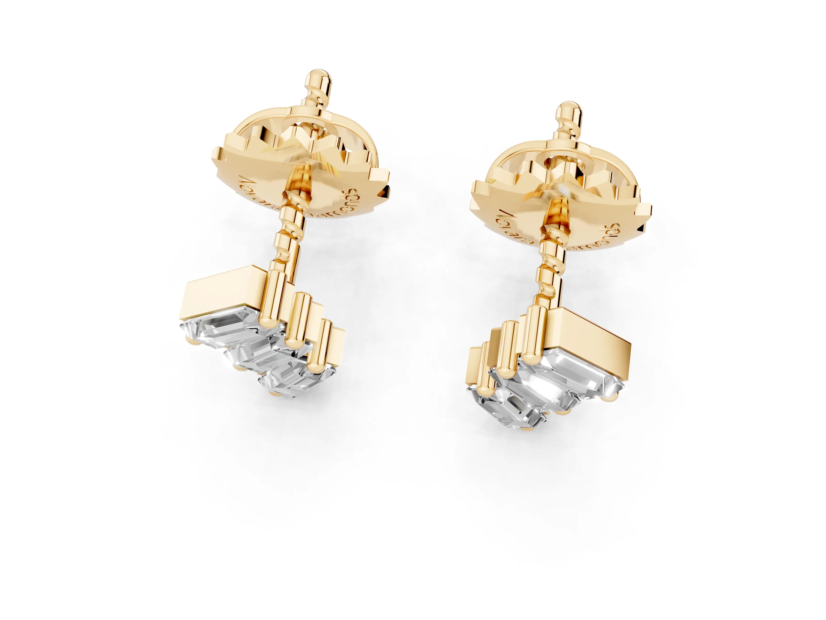 Baguette Lab-Grown Diamond Staggered Three Stone Stud Earrings | Diagonal Cascade | Yellow Gold