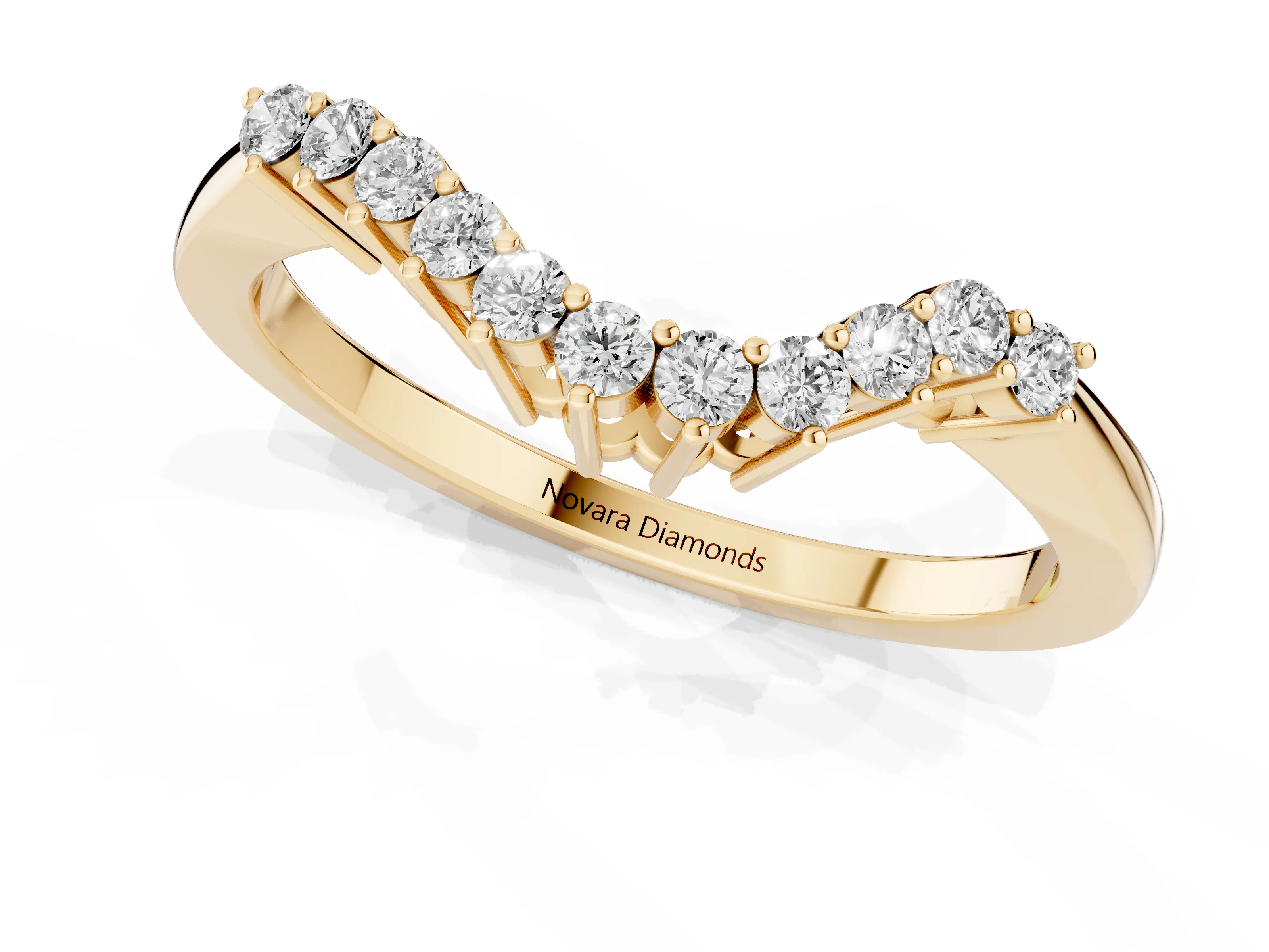 Round Diamond V-Shaped Band Set in Yellow gold with Prong-Set Row