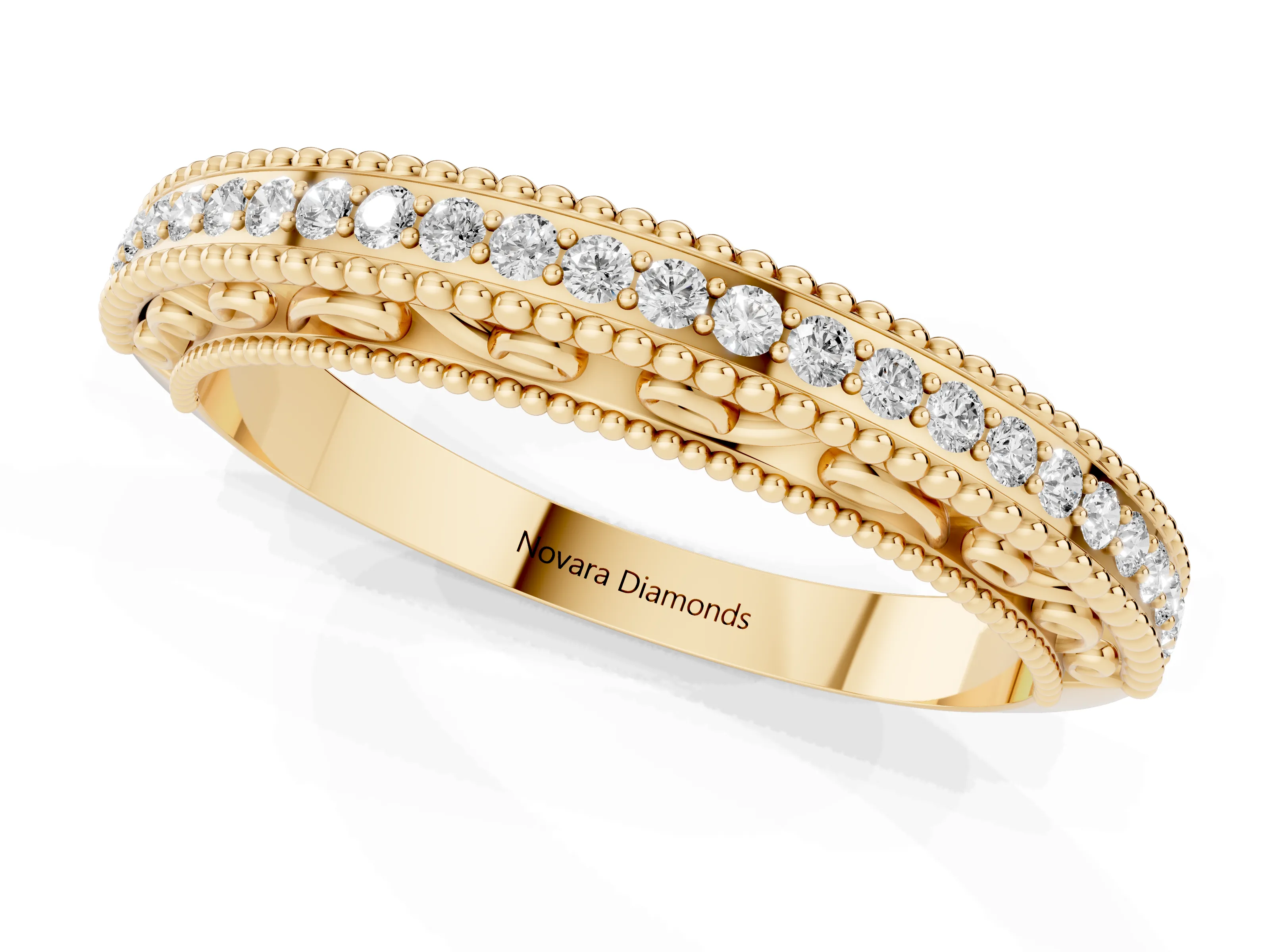 Round Diamond Pavé Eternity Band Set in Yellow gold with Milgrain Edges