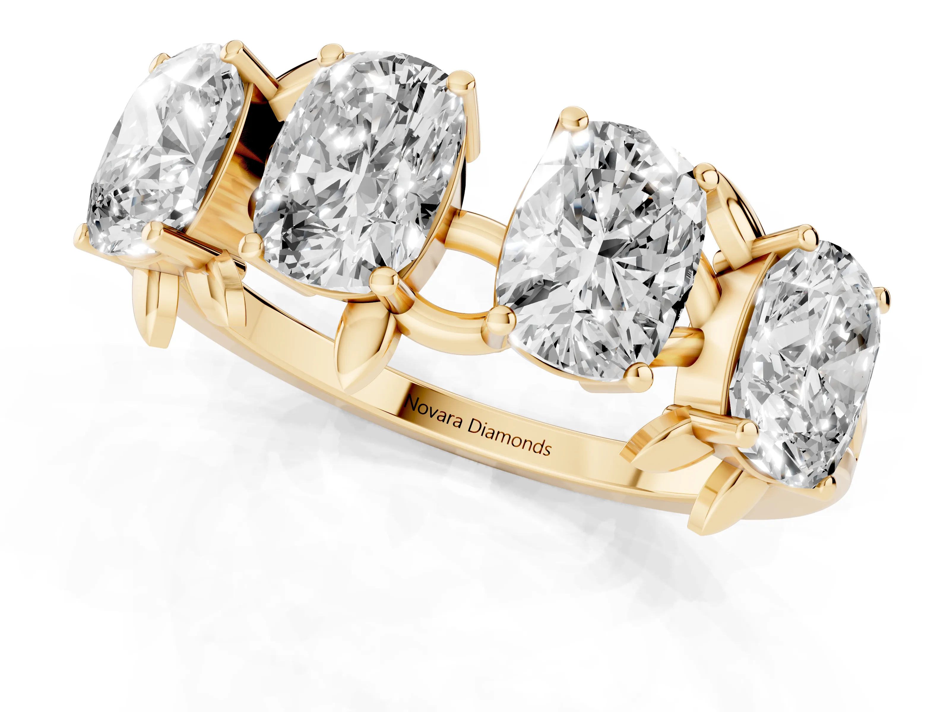 Elongated Cushion Diamond Four-Stone Band Set in Yellow gold with Leaf Prong Setting – second view