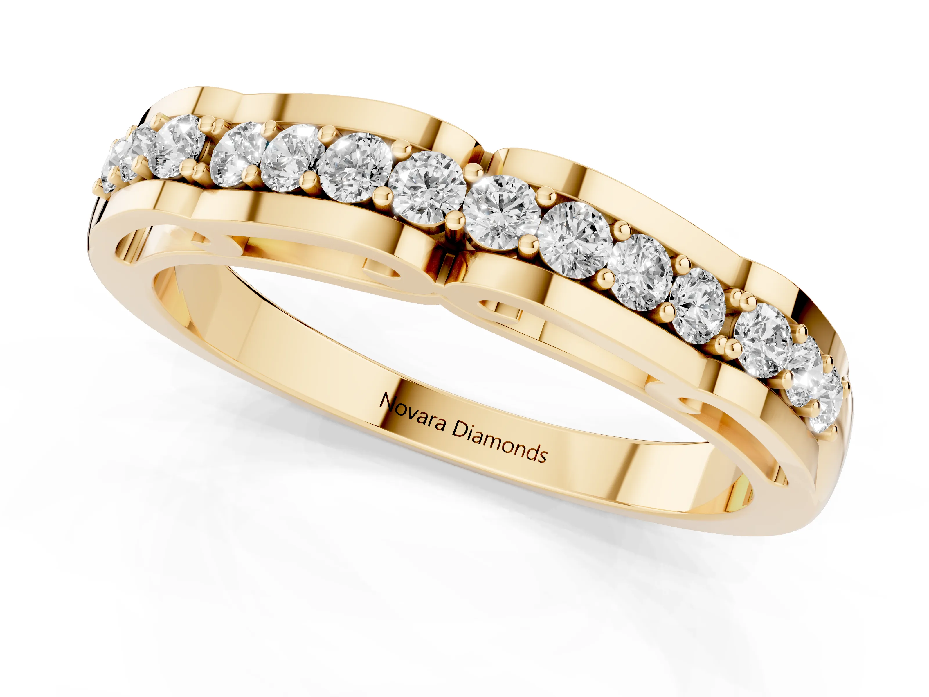 Round Diamond Channel Band Set in Yellow gold with Straight Stone Row