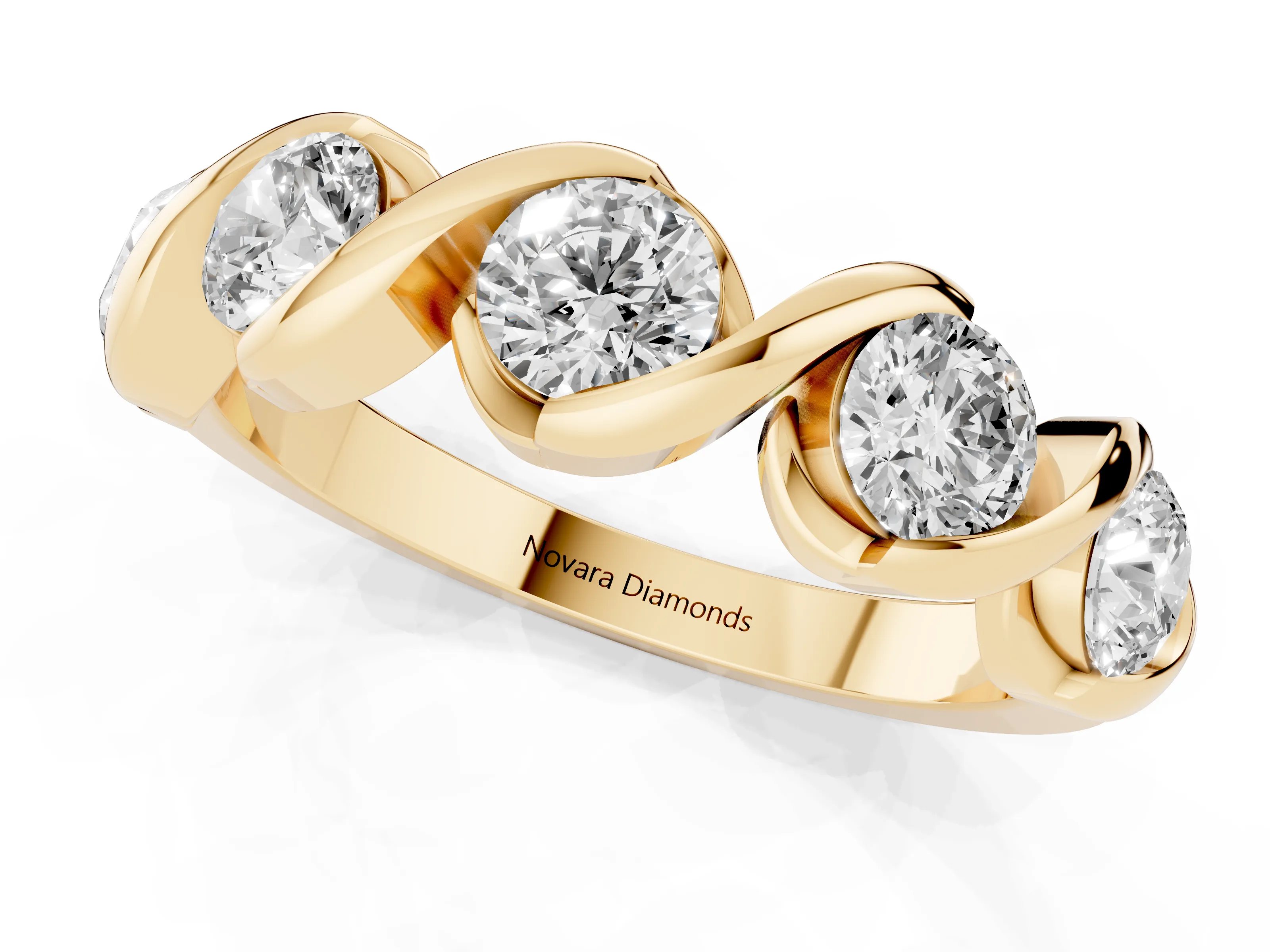 Round Diamond Flowing Wave Band Set in Yellow gold with Channel Walls and Shared Prongs – second view