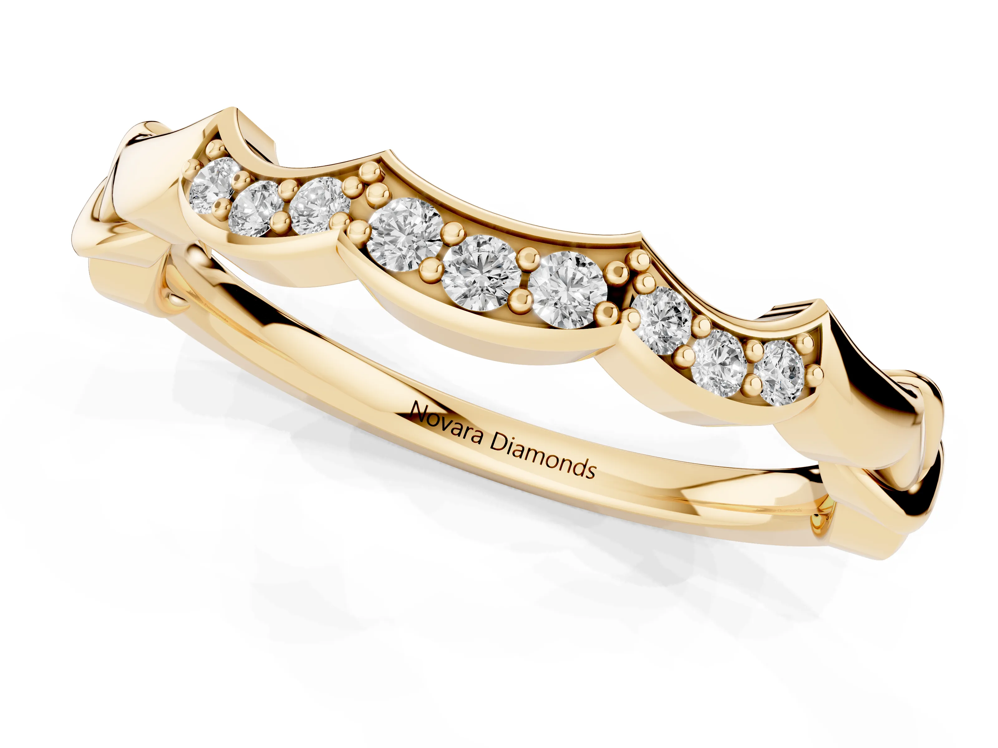 Round Diamond Scalloped Curved Band Set in Yellow gold with Shared Prong Setting