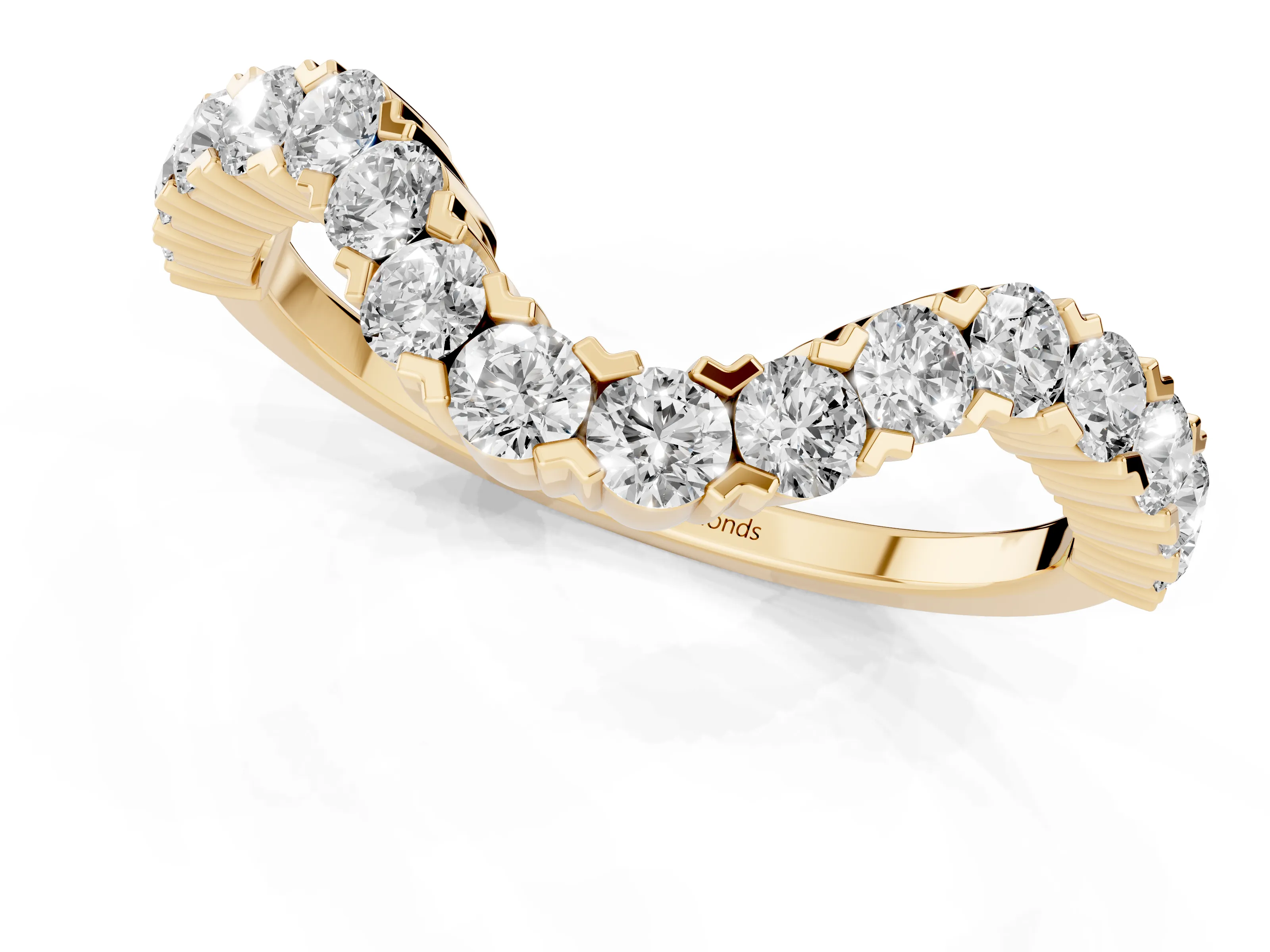 Round Diamond V-Shaped Pavé Band Set in Yellow gold with Prong Setting