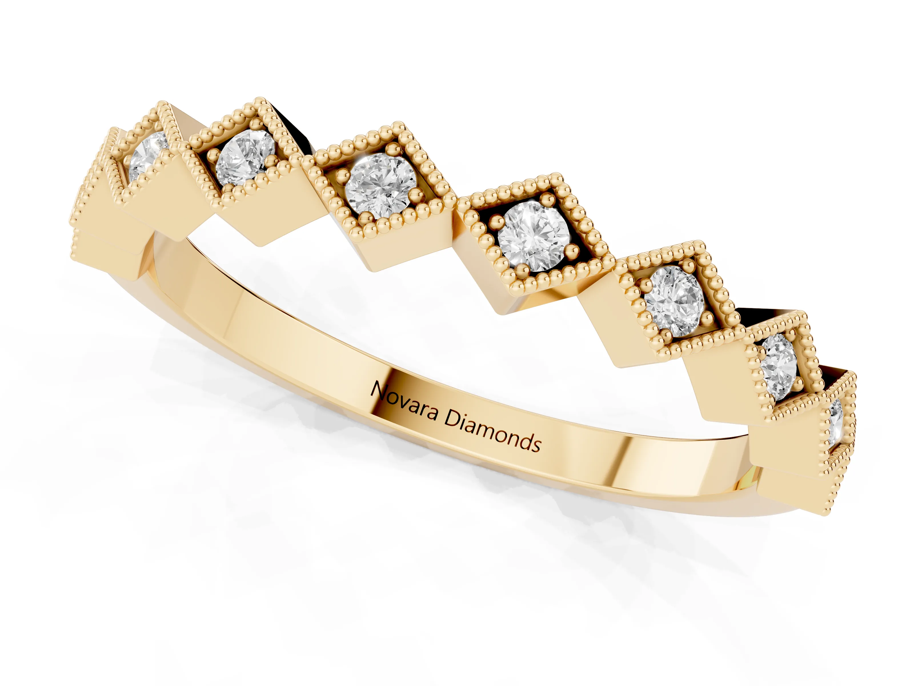 Round Cut Diamond Geometric Stackable Band Set in Yellow gold with Milgrain Bezel Setting
