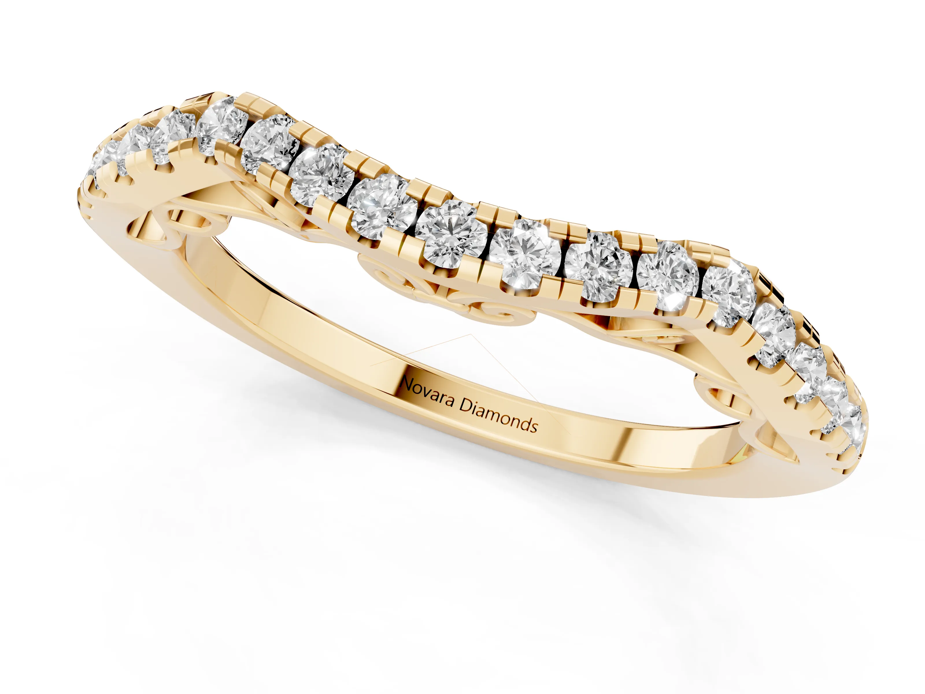 Round Diamond Curved Pavé Eternity Band Set in Yellow gold with Shared Prongs