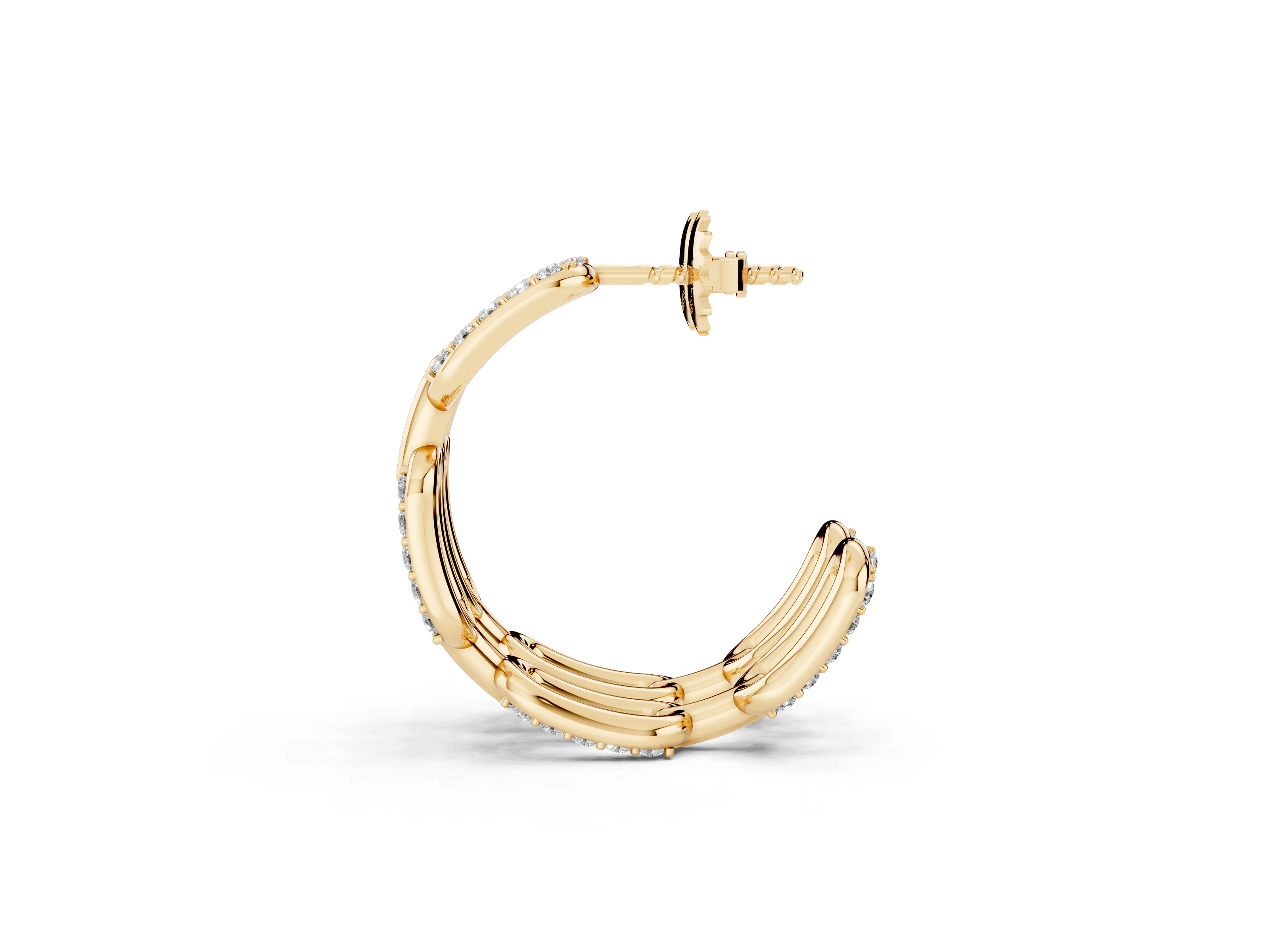 Round Lab-Grown Diamond Pavé Link Hoop Earrings | Alternating Polished Links | Yellow Gold
