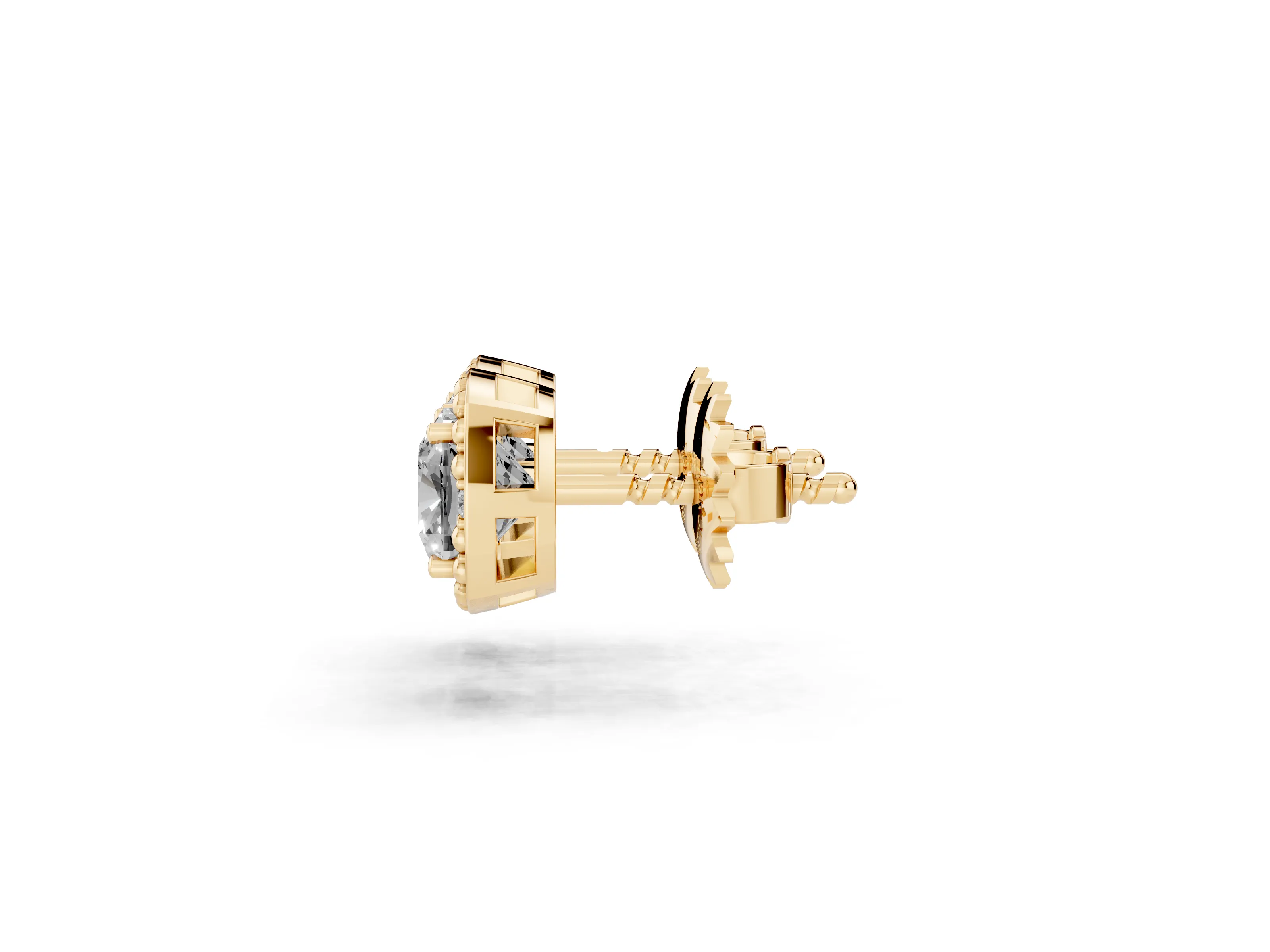 Cushion Cut Lab-Grown Diamond Beaded Halo Stud Earrings | Four Round Accents | Yellow Gold