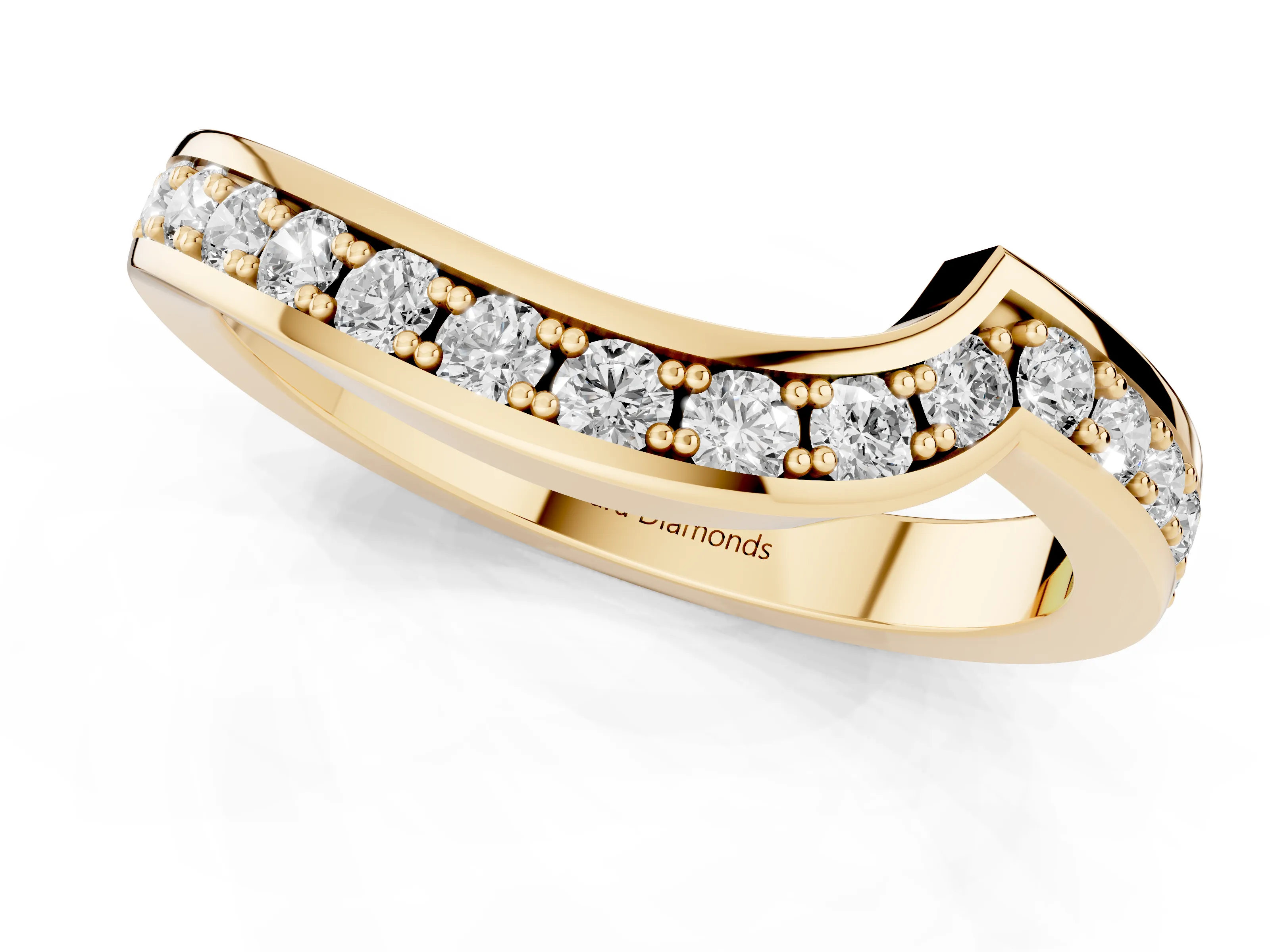 Round Diamond Curved Wedding Band Set in Yellow gold with Pavé Channel Setting
