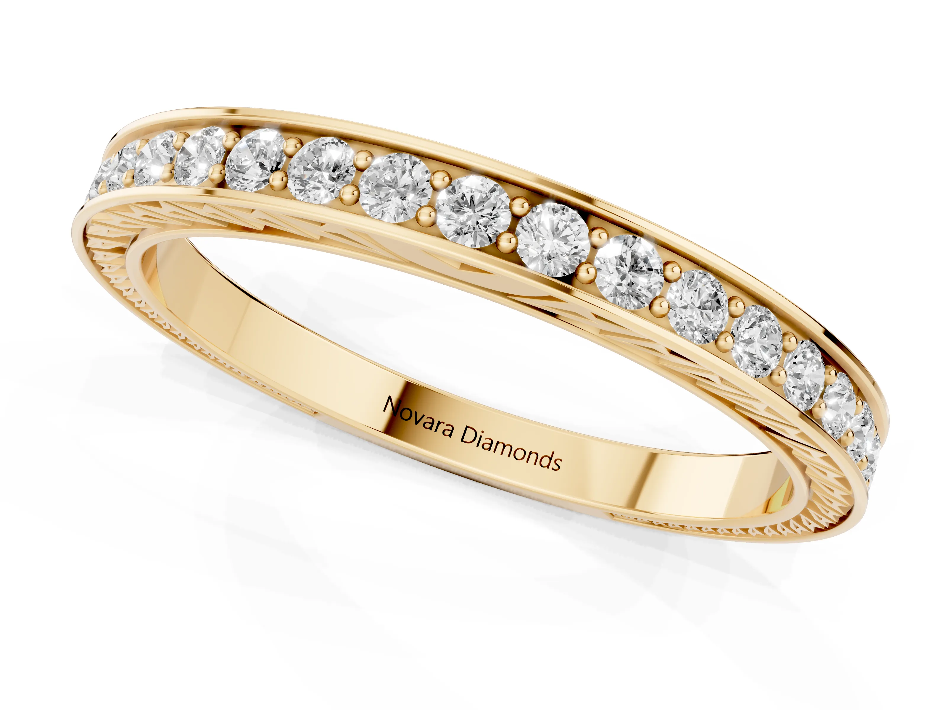 Round Cut Diamond Pavé Eternity Band Set in Yellow gold with Channel Walls