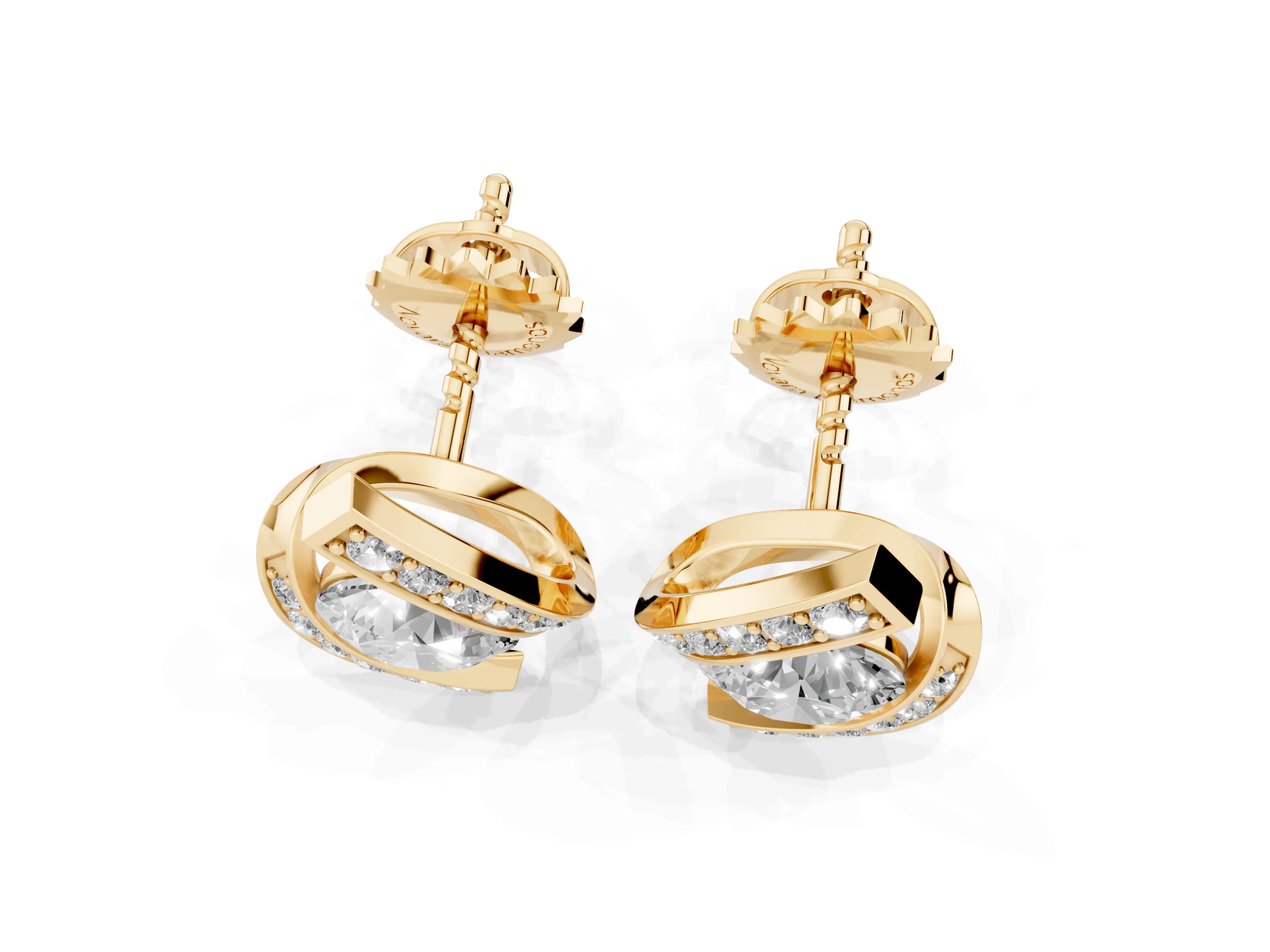 Round Diamond Curve Wave Stud Earrings Set in Yellow gold with Pavé Accents
