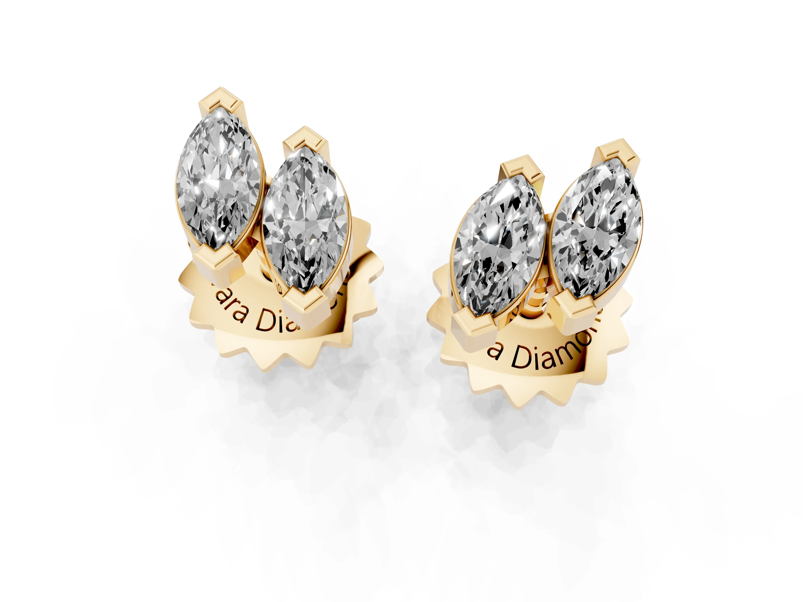 Marquise Lab-Grown Diamond Staggered Two Stone Stud Earrings | V-Tip Prongs | Yellow Gold