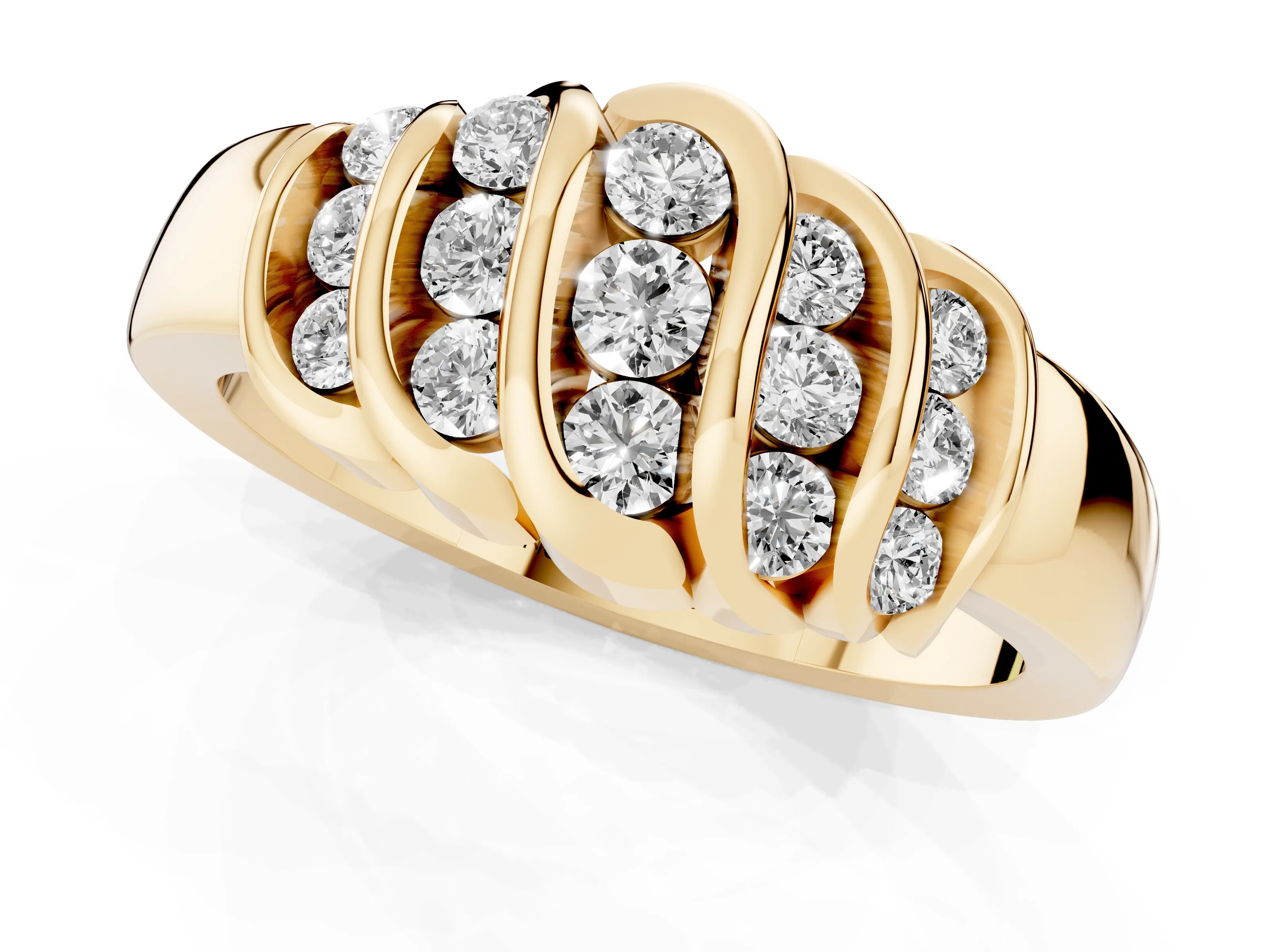 Round Diamond Multi-Row Crossover Band Set in Yellow gold with Polished Curves – second view