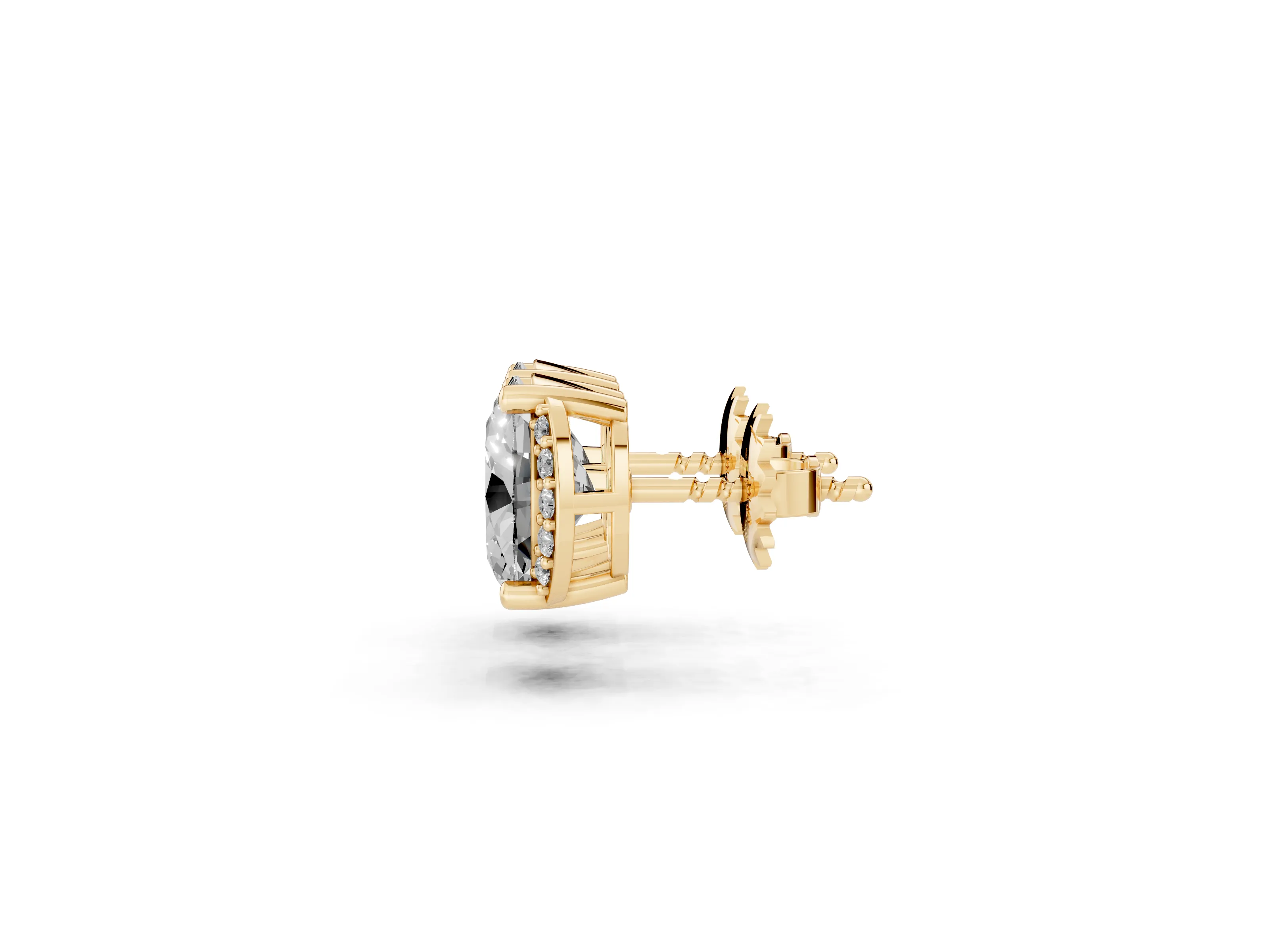 Oval Diamond Half Halo Stud Earrings Set in Yellow gold with Accent Halo