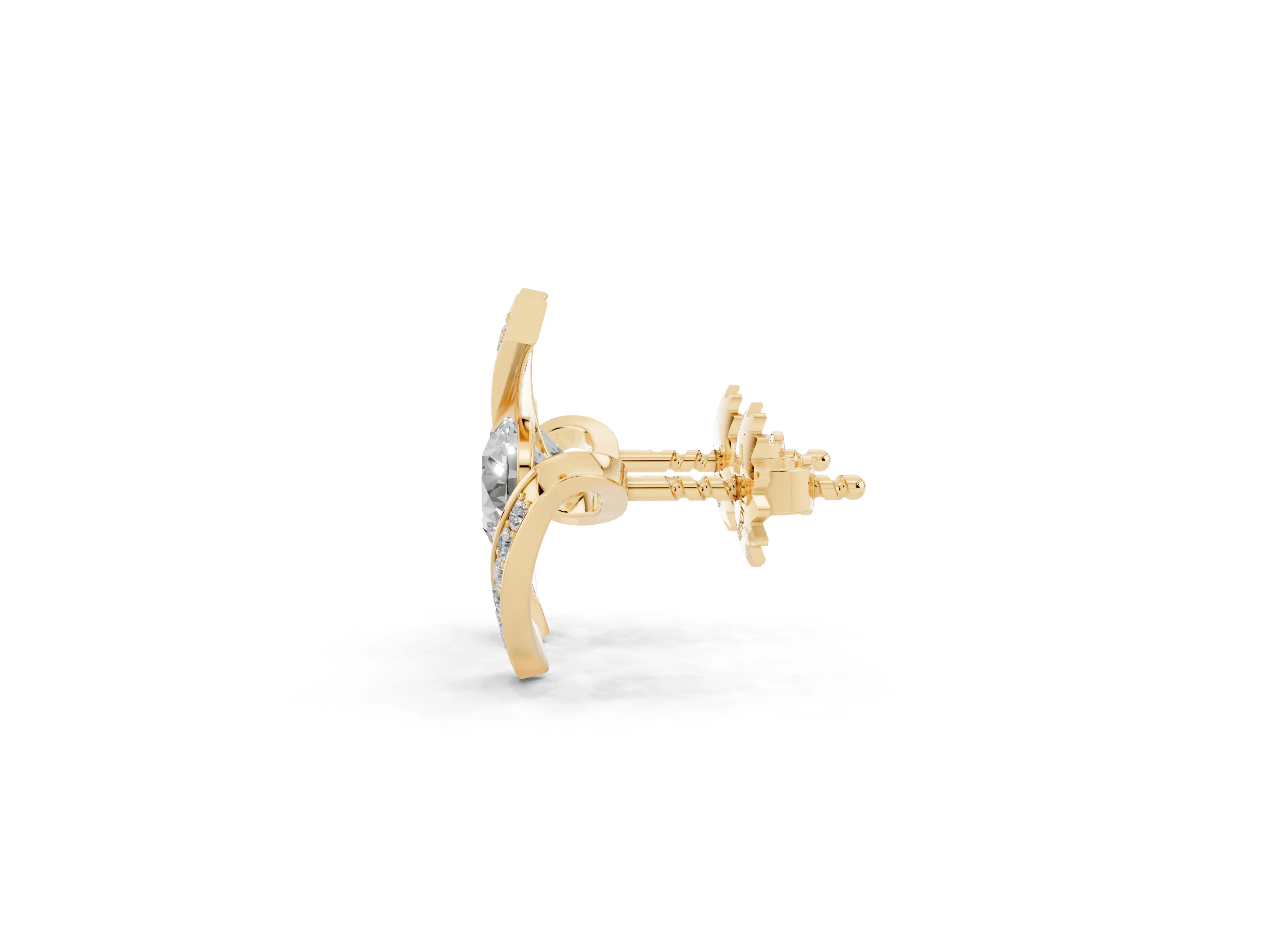 Round Diamond Curve Wave Stud Earrings Set in Yellow gold with Pavé Accents