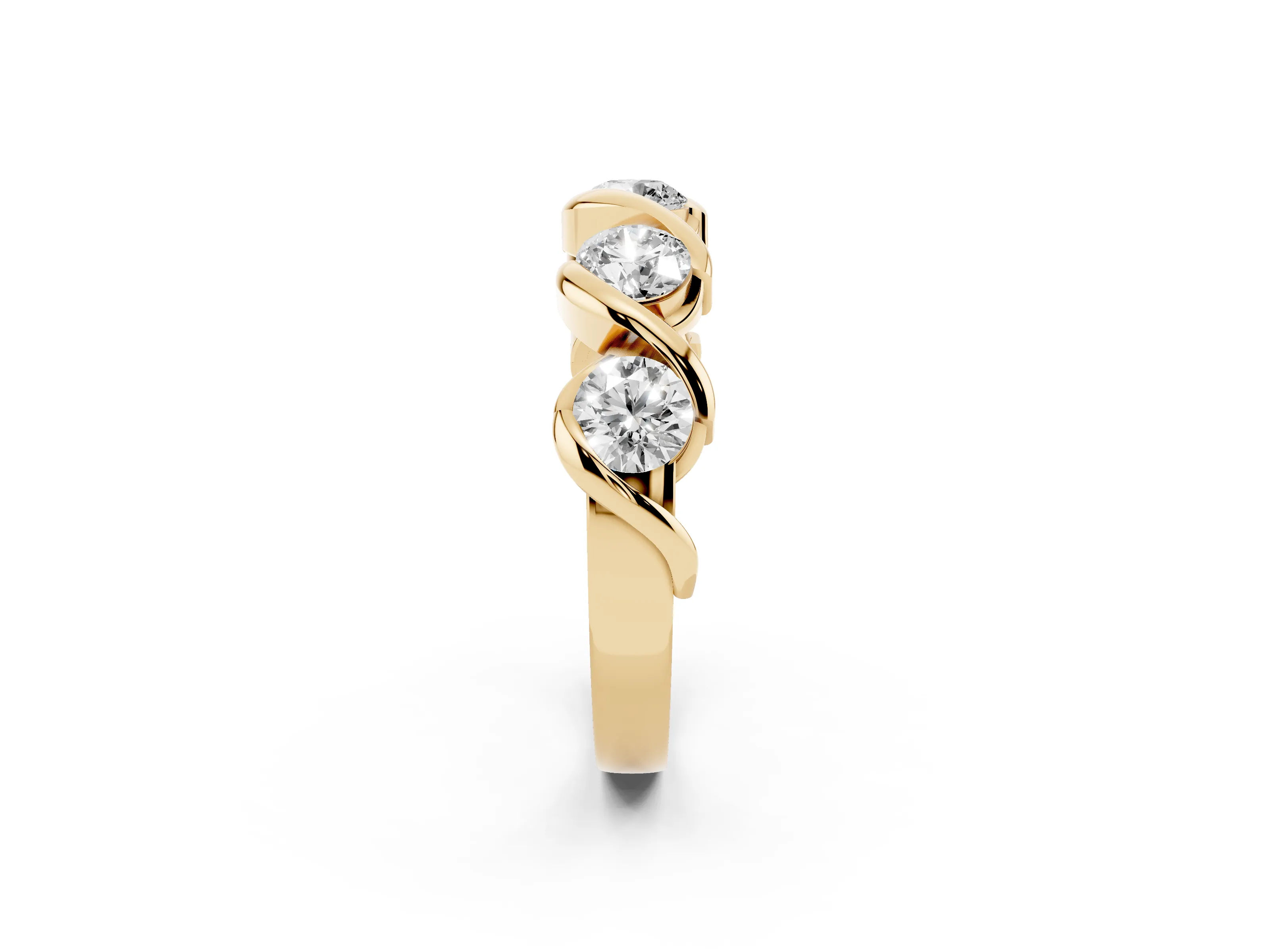 Round Diamond Flowing Wave Band Set in Yellow gold with Channel Walls and Shared Prongs