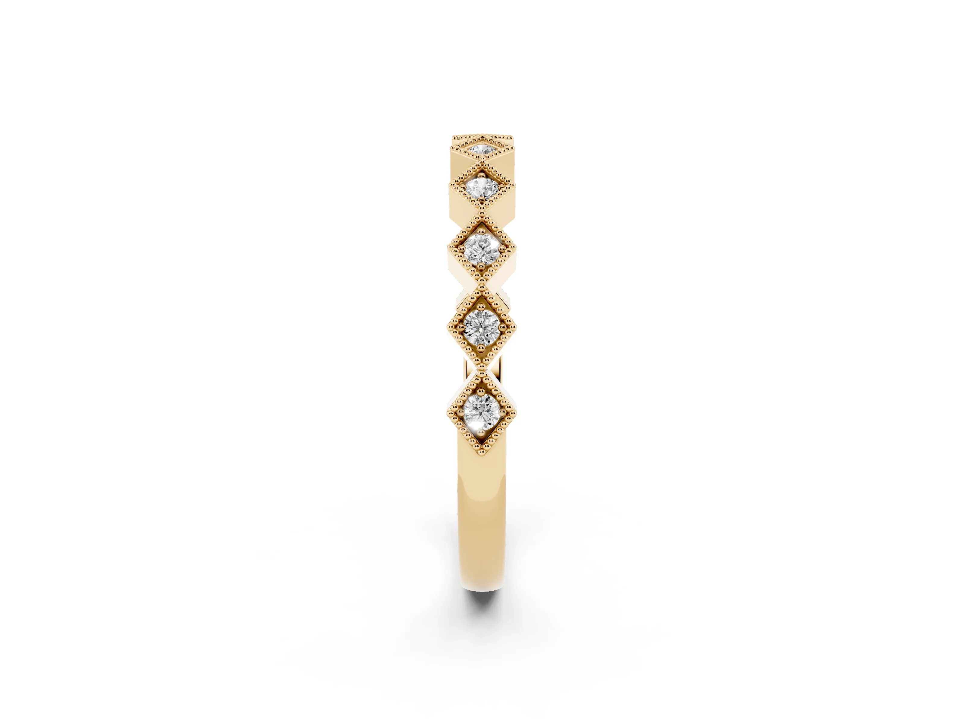 Round Cut Diamond Geometric Stackable Band Set in Yellow gold with Milgrain Bezel Setting