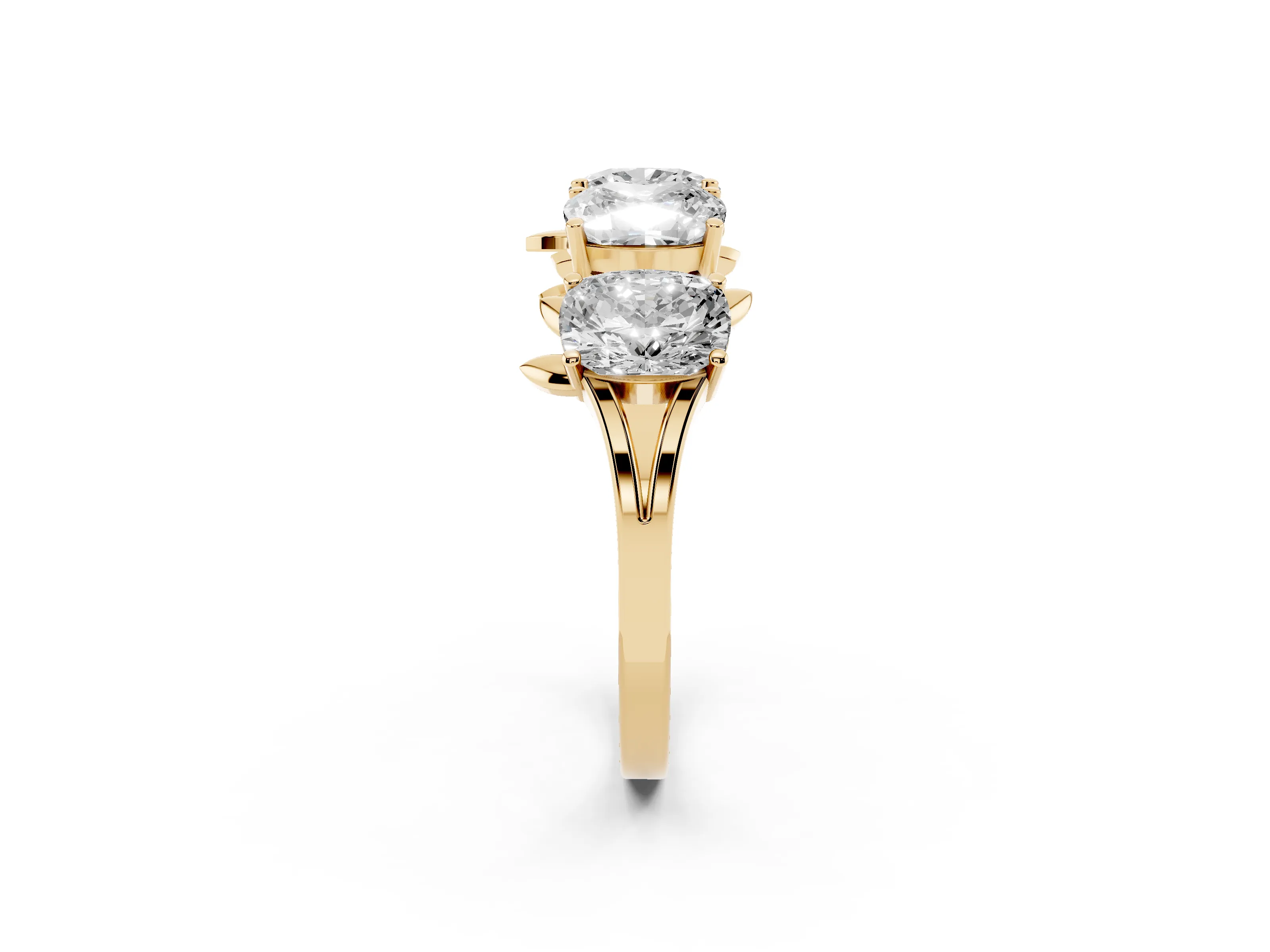 Elongated Cushion Diamond Four-Stone Band Set in Yellow gold with Leaf Prong Setting