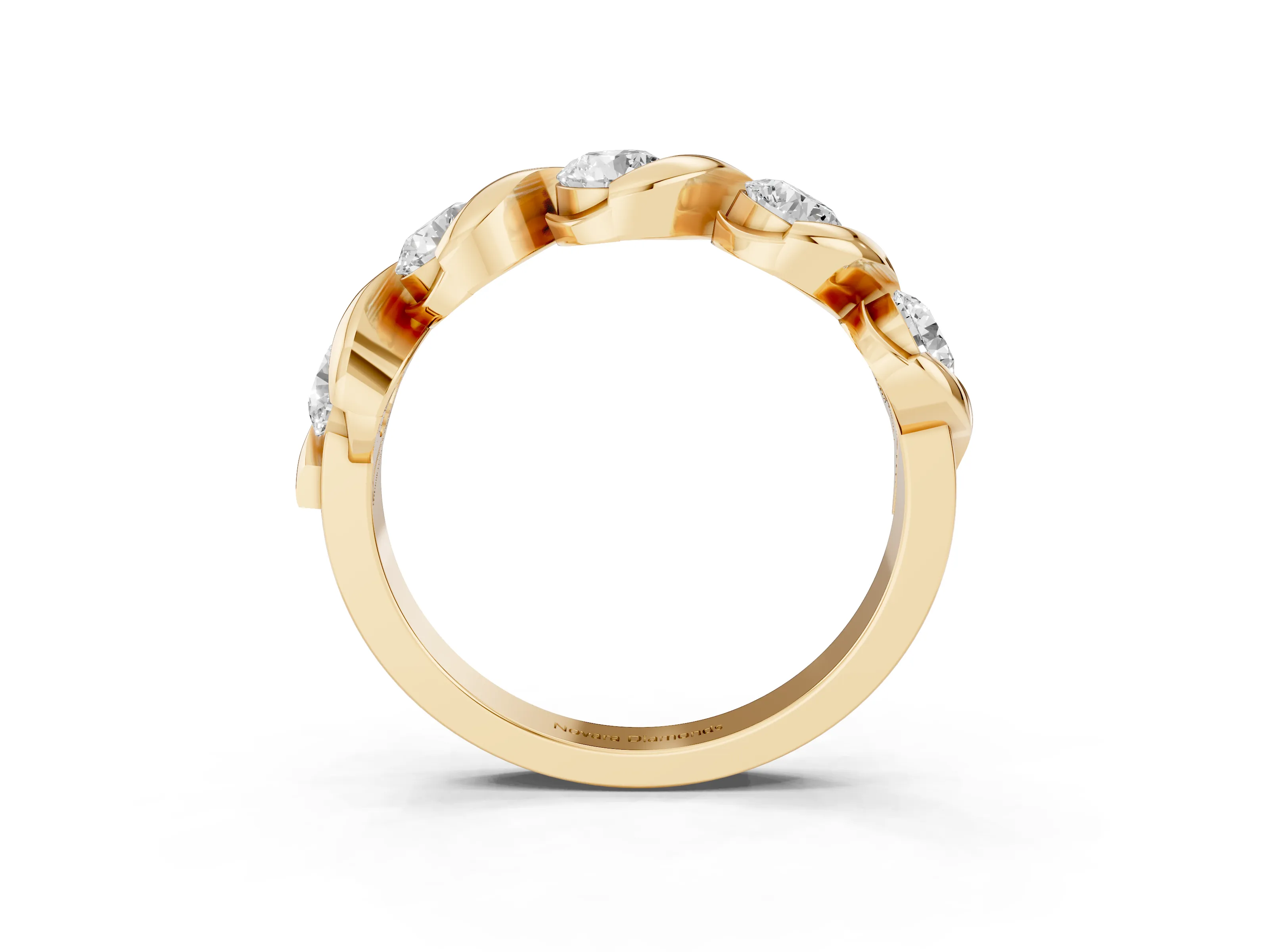 Round Diamond Flowing Wave Band Set in Yellow gold with Channel Walls and Shared Prongs
