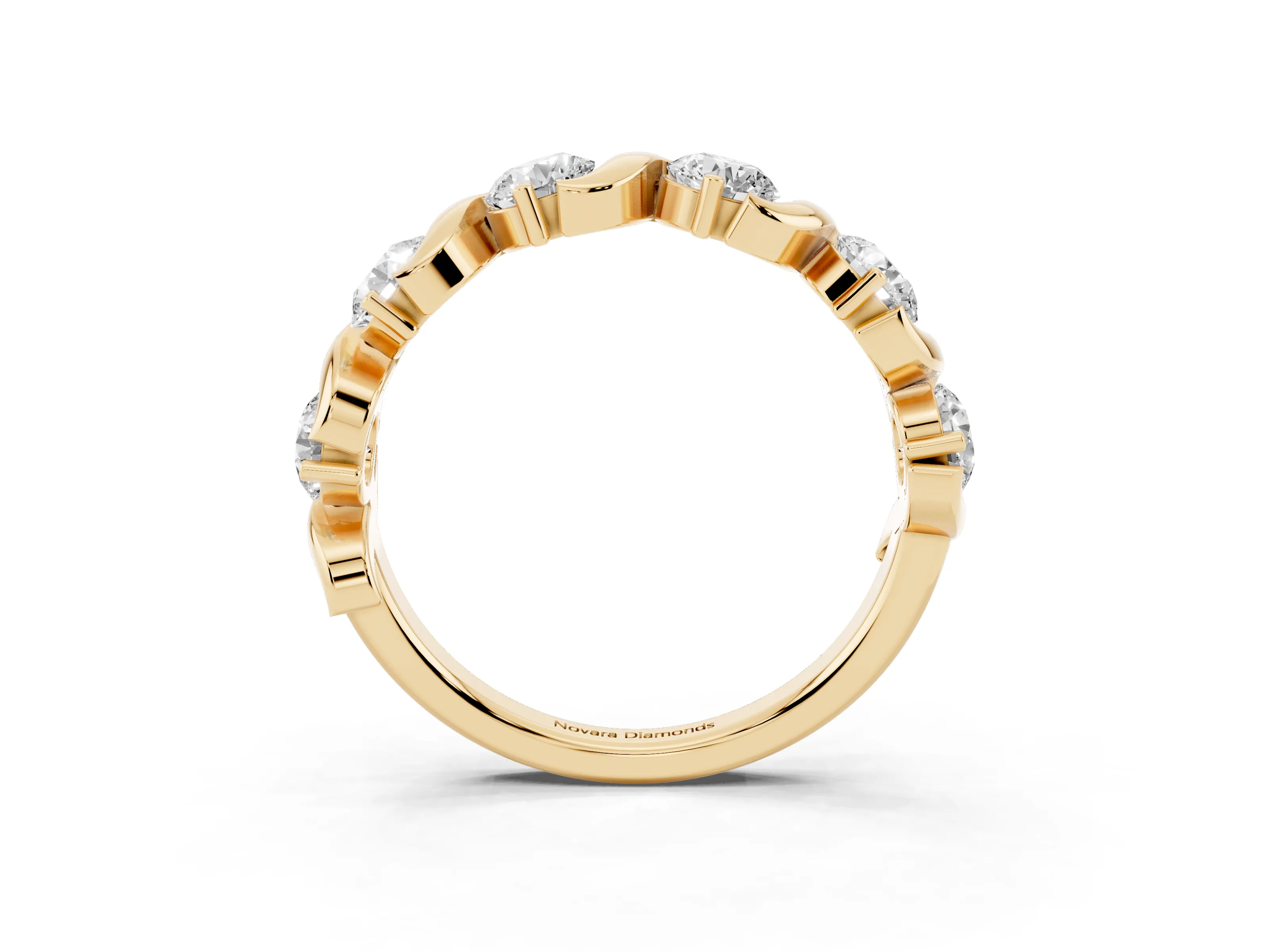 Round Diamond Six-Stone Wave Band Set in Yellow gold with Shared Prong Setting