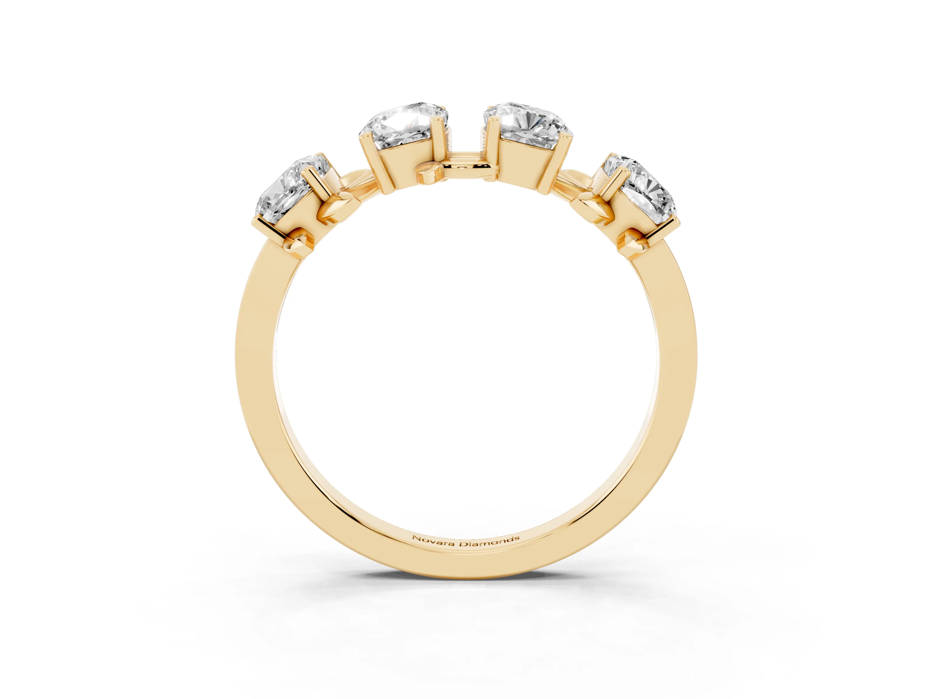 Elongated Cushion Diamond Four-Stone Band Set in Yellow gold with Leaf Prong Setting