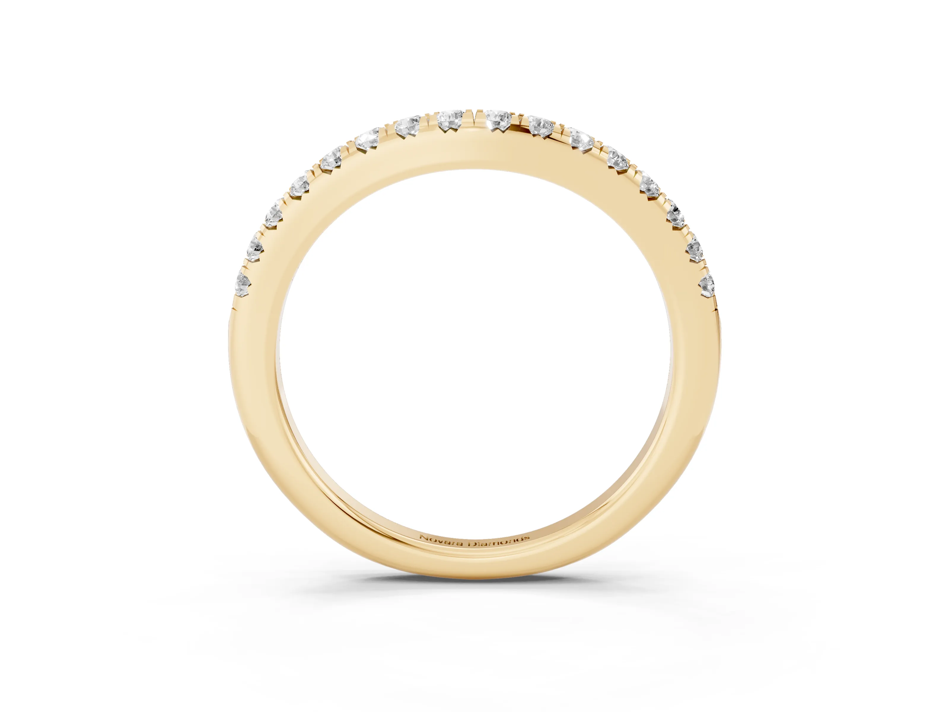 Round Diamond Curved Pavé Band Set in Yellow gold with Shared Prong Row