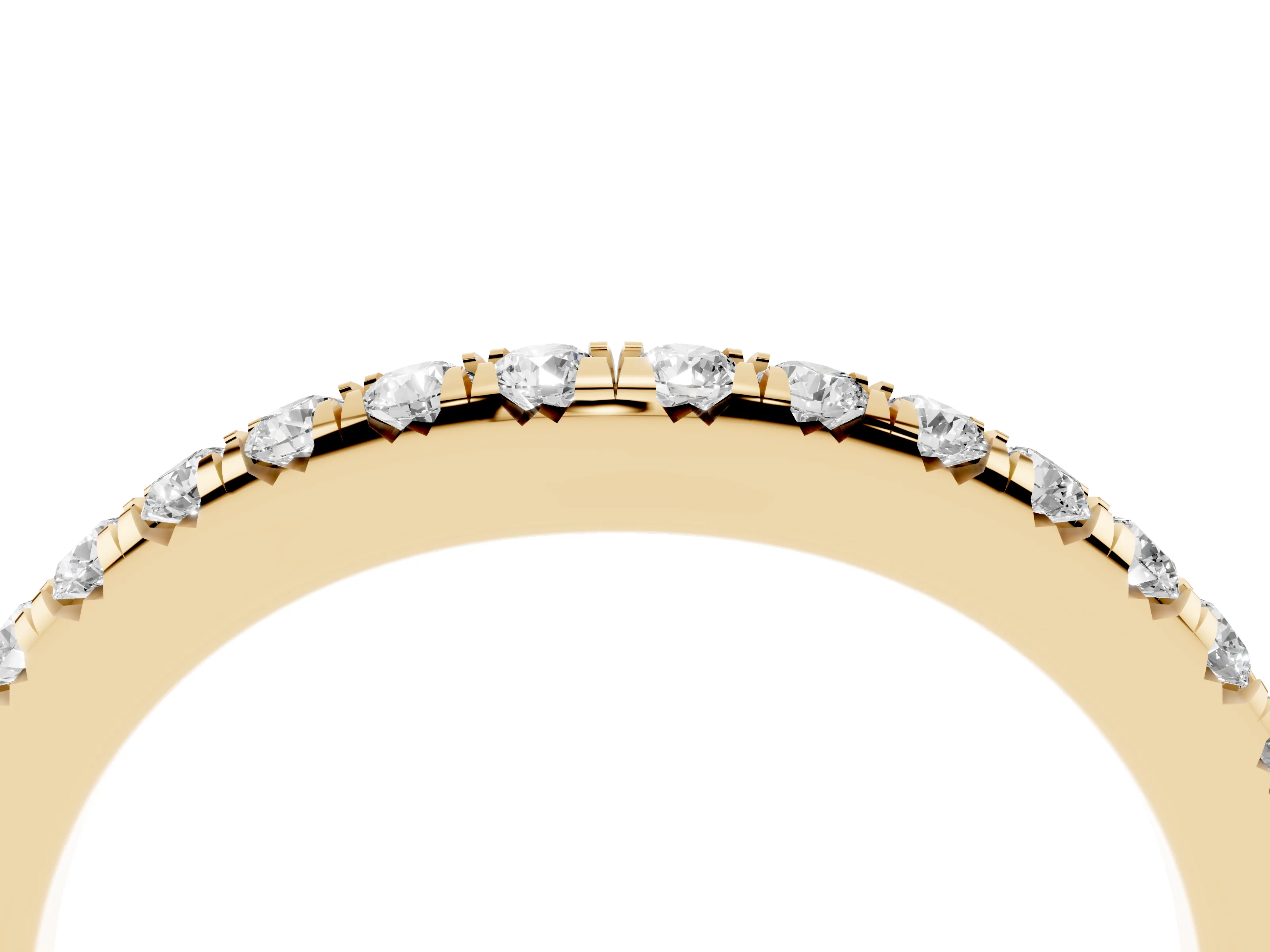 Round Diamond Curved Pavé Band Set in Yellow gold with Shared Prong Row