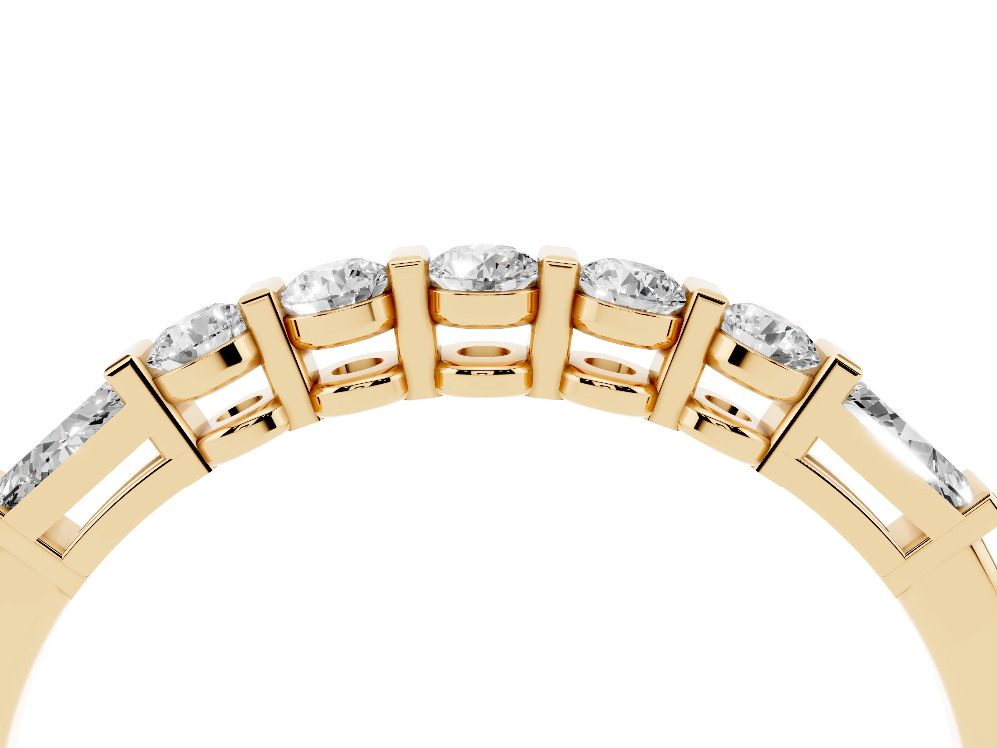Round and Baguette Diamond Half Eternity Band Set in Yellow gold with Prong Setting