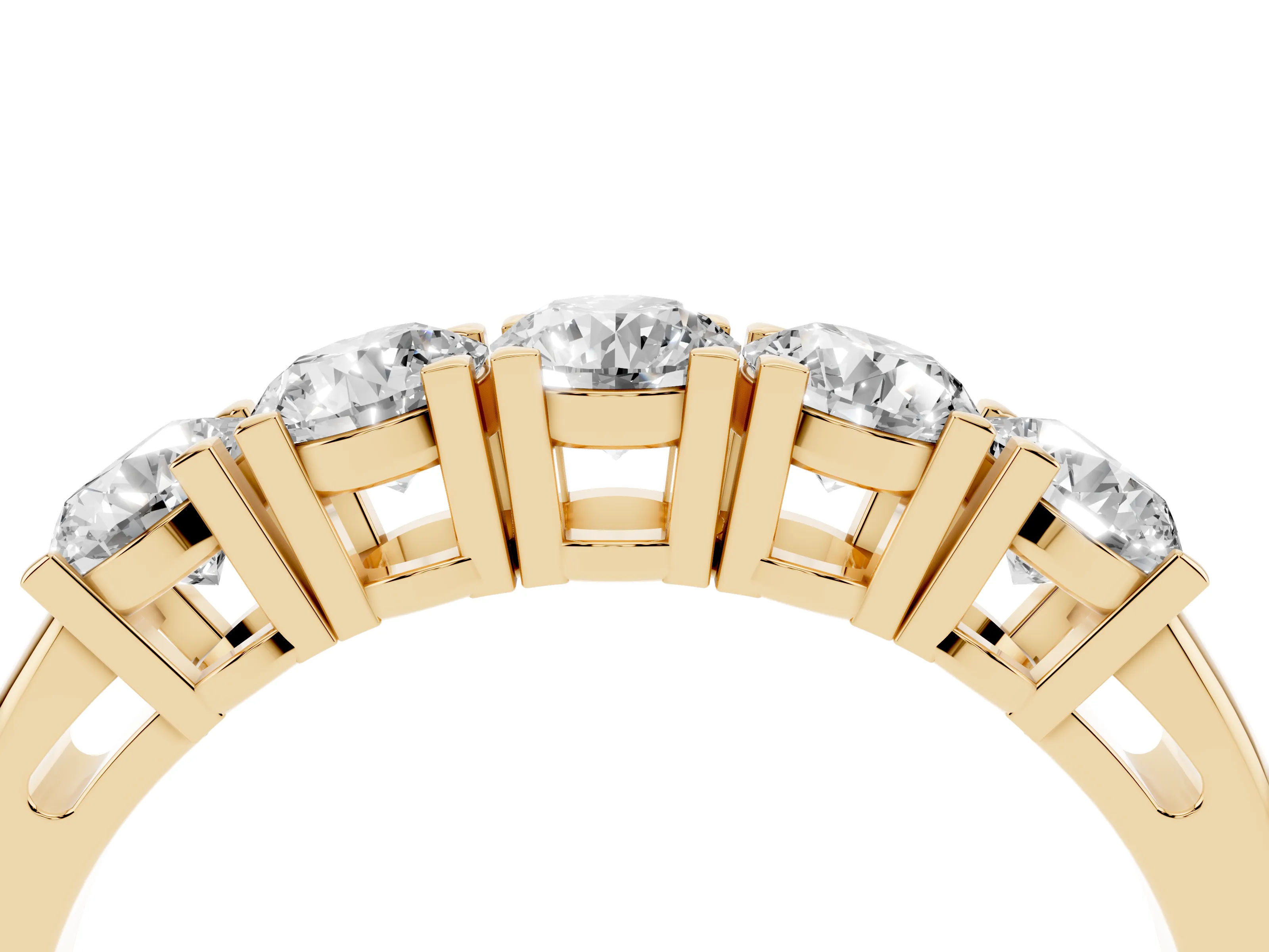 Five-Stone Round Diamond Aligned Row Band Set in Yellow gold with Prong Setting