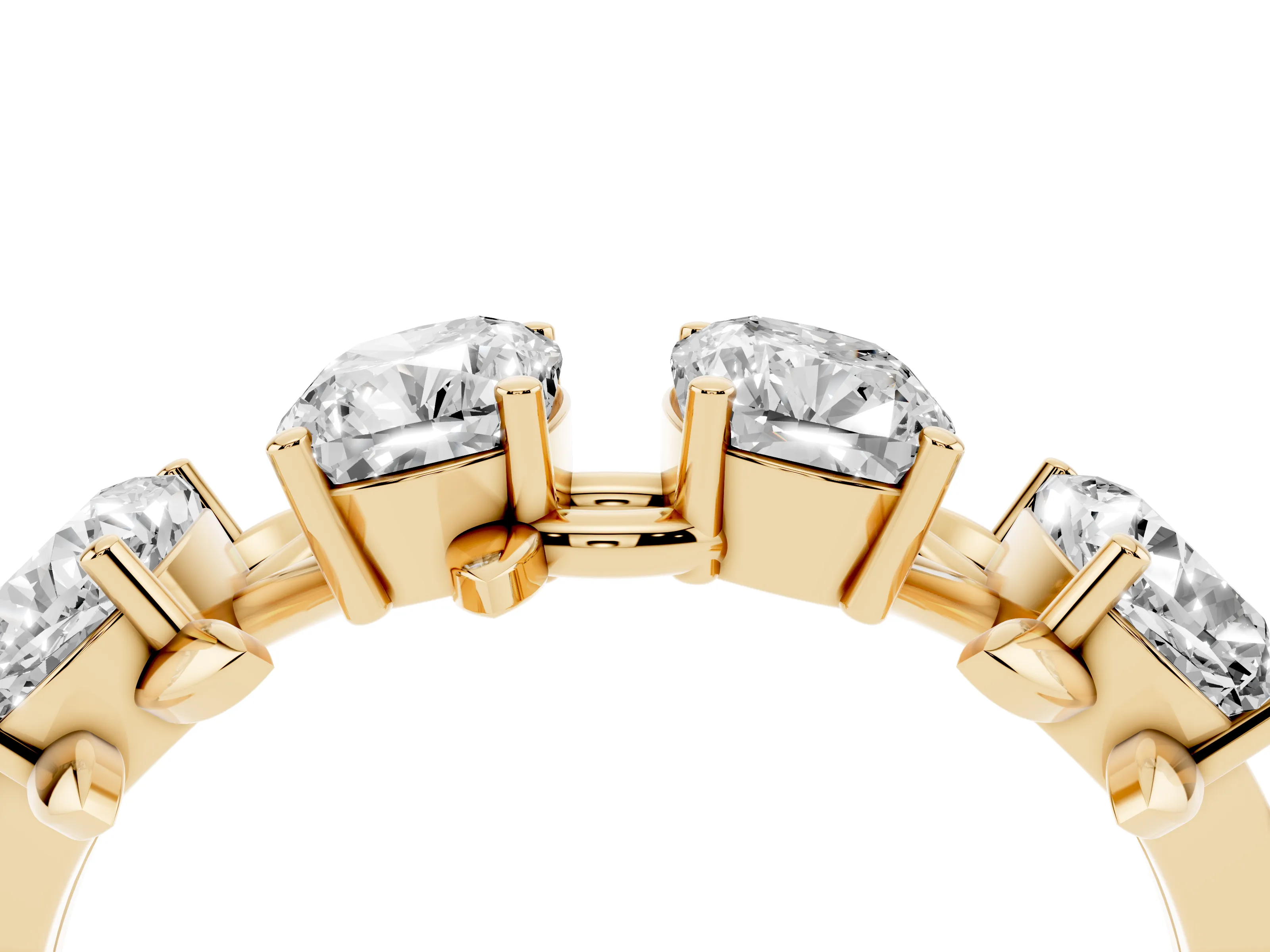 Elongated Cushion Diamond Four-Stone Band Set in Yellow gold with Leaf Prong Setting