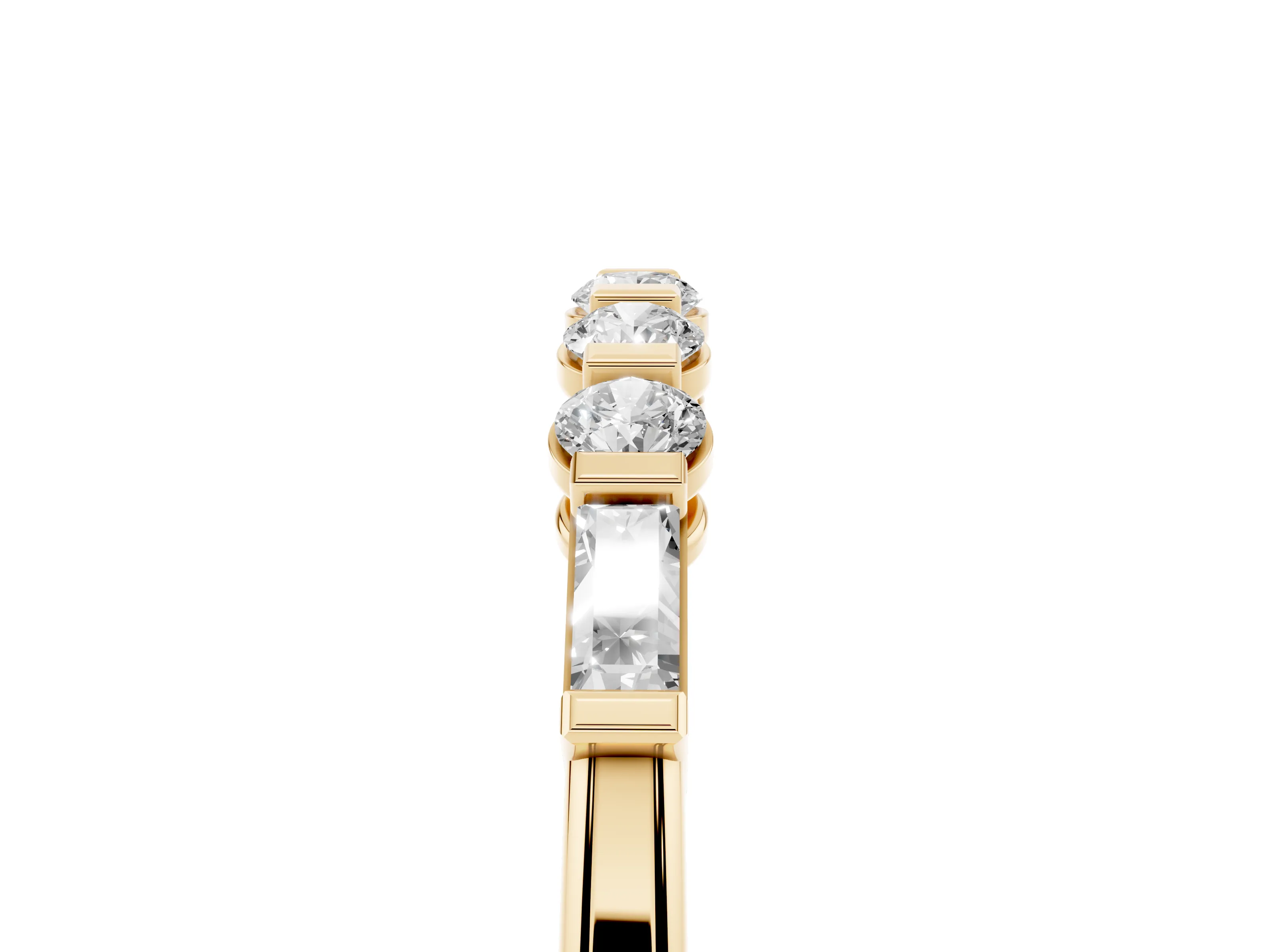 Round and Baguette Diamond Half Eternity Band Set in Yellow gold with Prong Setting