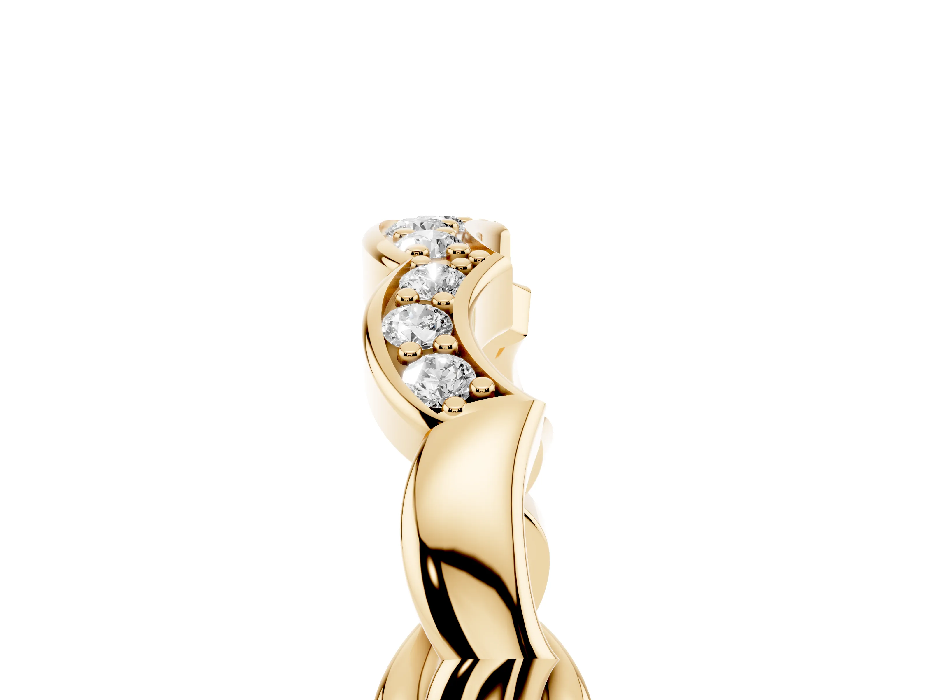 Round Diamond Scalloped Curved Band Set in Yellow gold with Shared Prong Setting