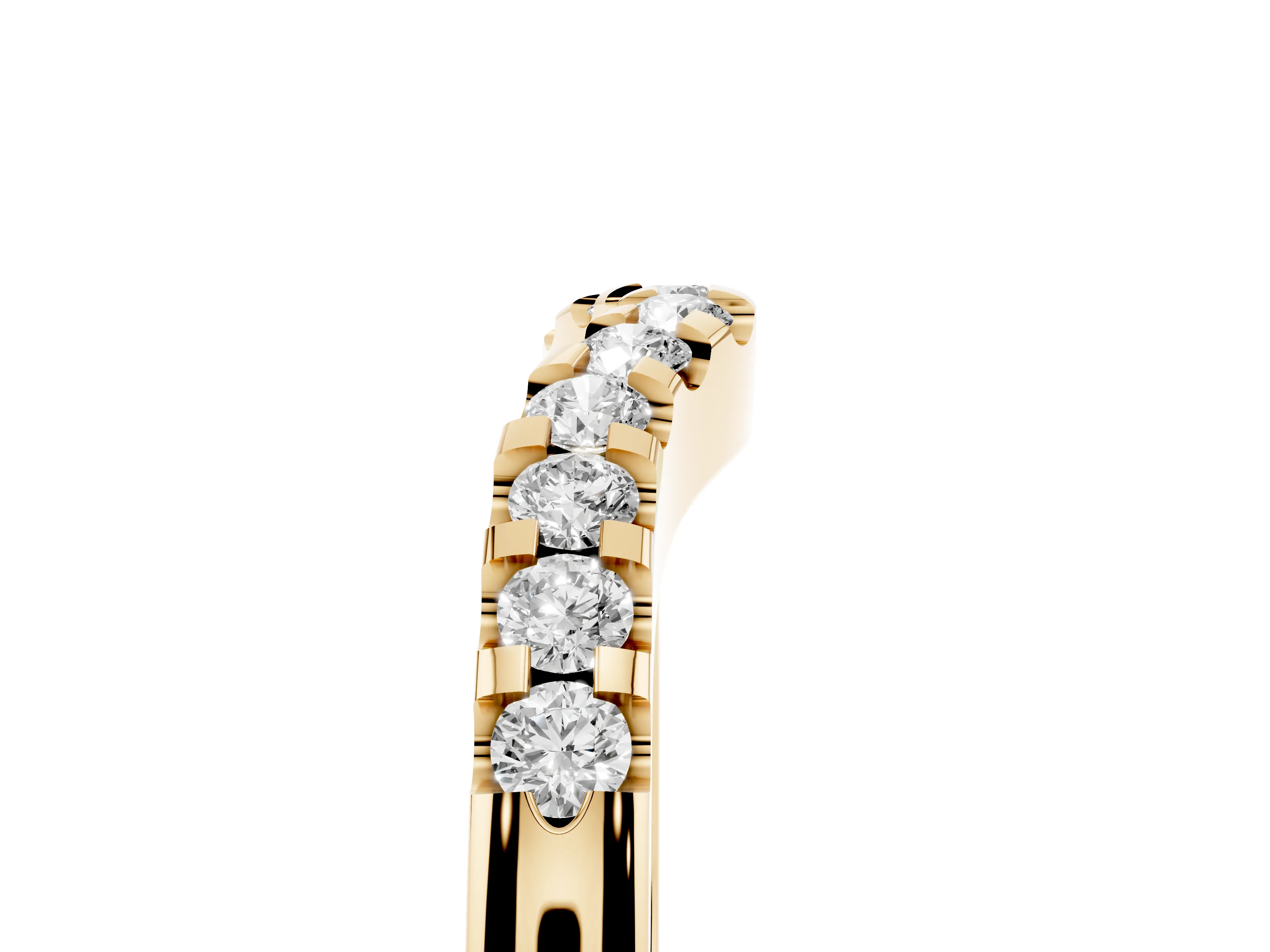Round Diamond Curved Half Eternity Ring Set in Yellow gold with Shared Prong Setting