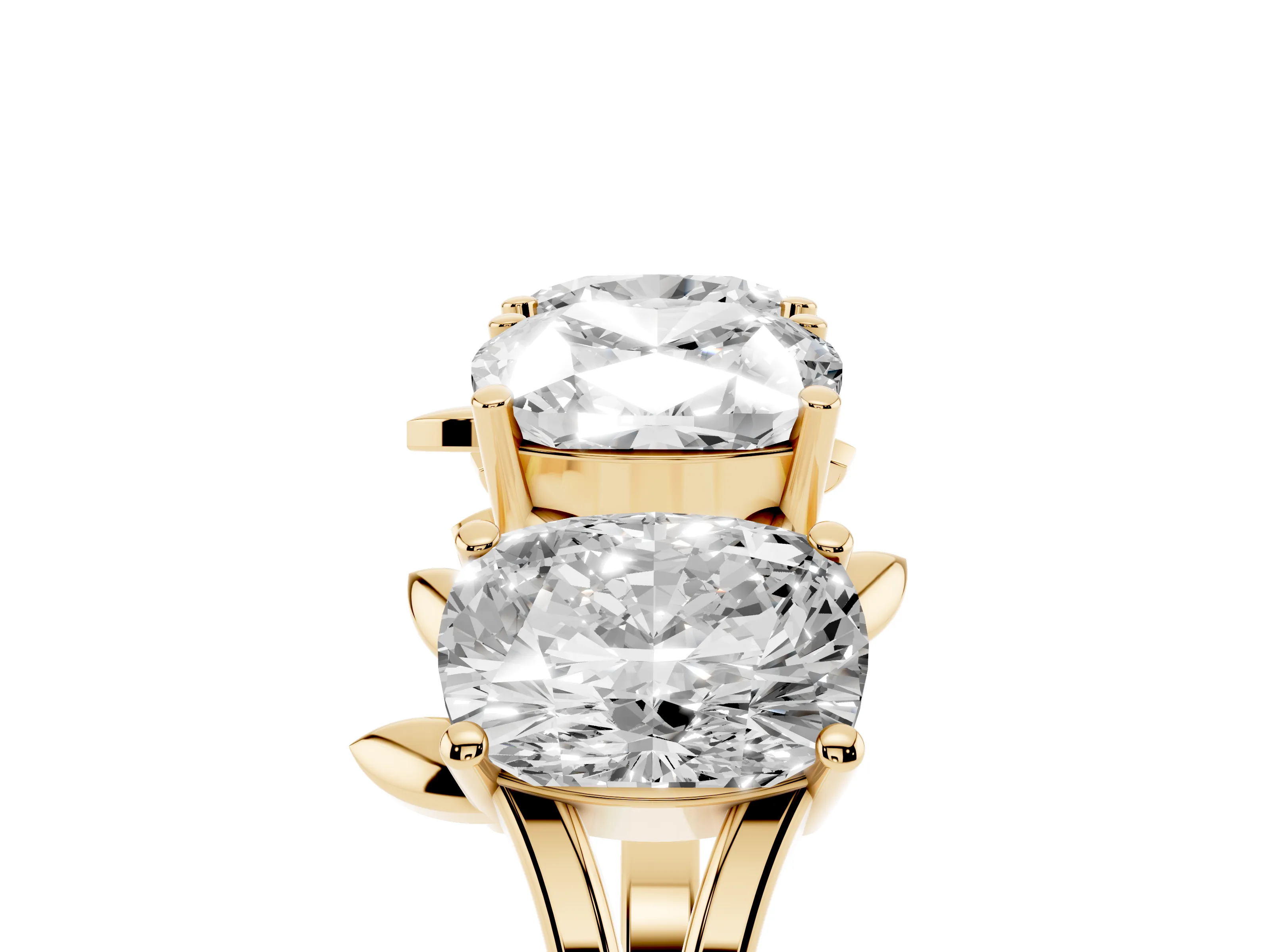 Elongated Cushion Diamond Four-Stone Band Set in Yellow gold with Leaf Prong Setting