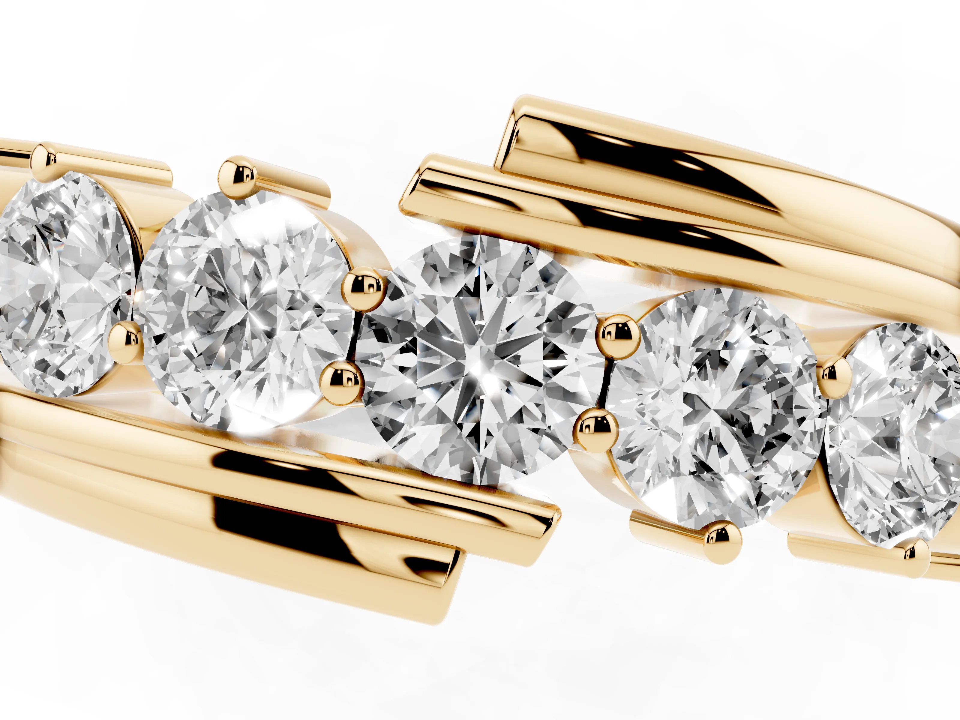 Round Diamond Wave Band Set in Yellow gold with Channel and Shared Prong Setting