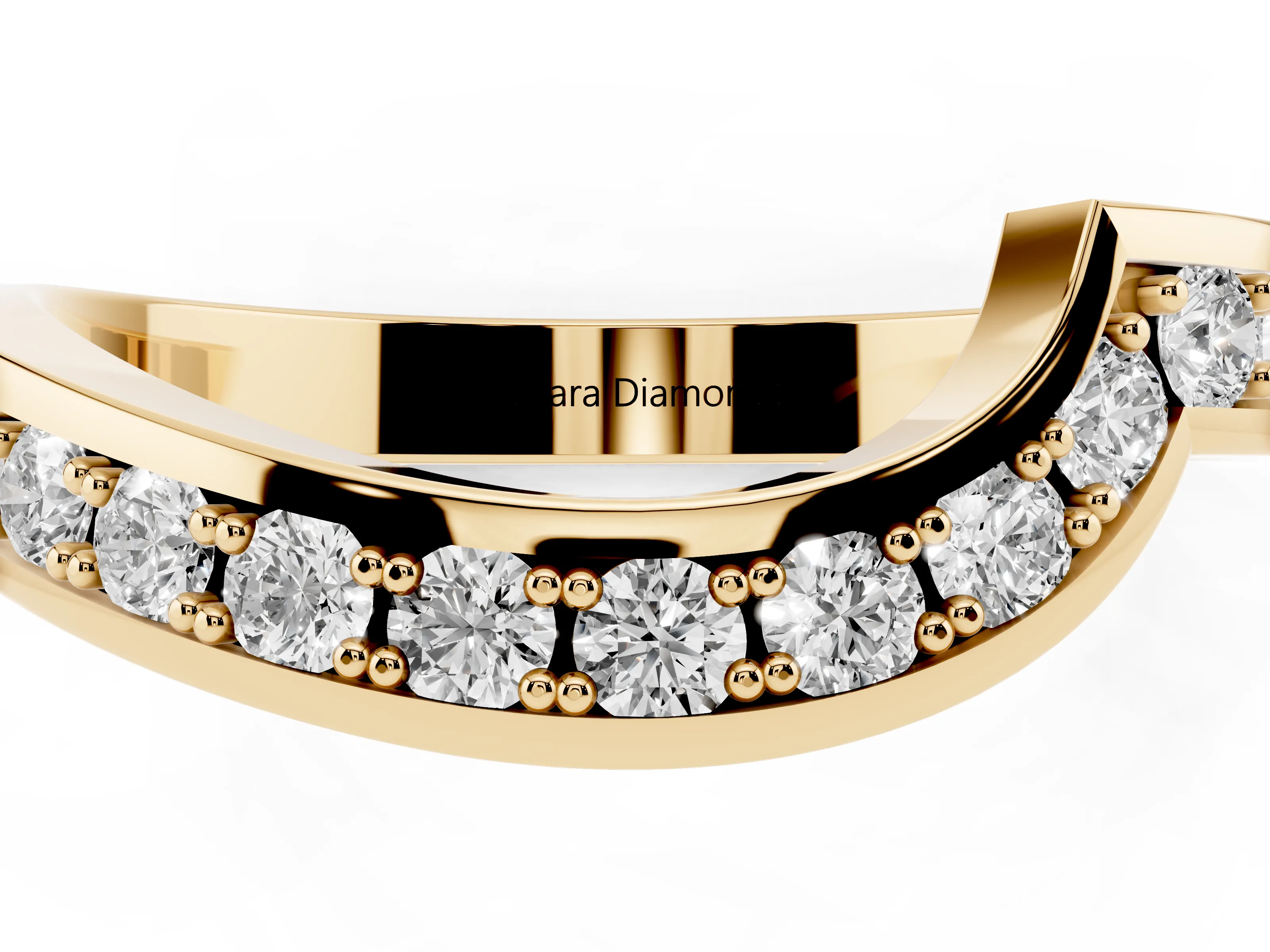 Round Diamond Curved Wedding Band Set in Yellow gold with Pavé Channel Setting