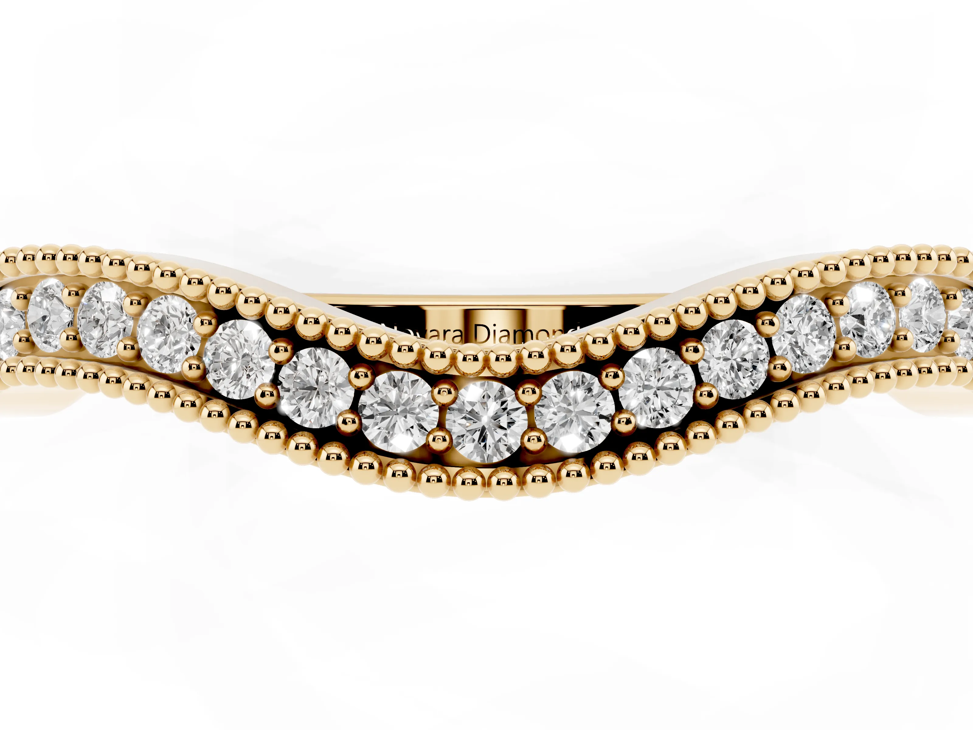 Round Diamond Curved Pavé Band Set in Yellow gold with Milgrain Detailing