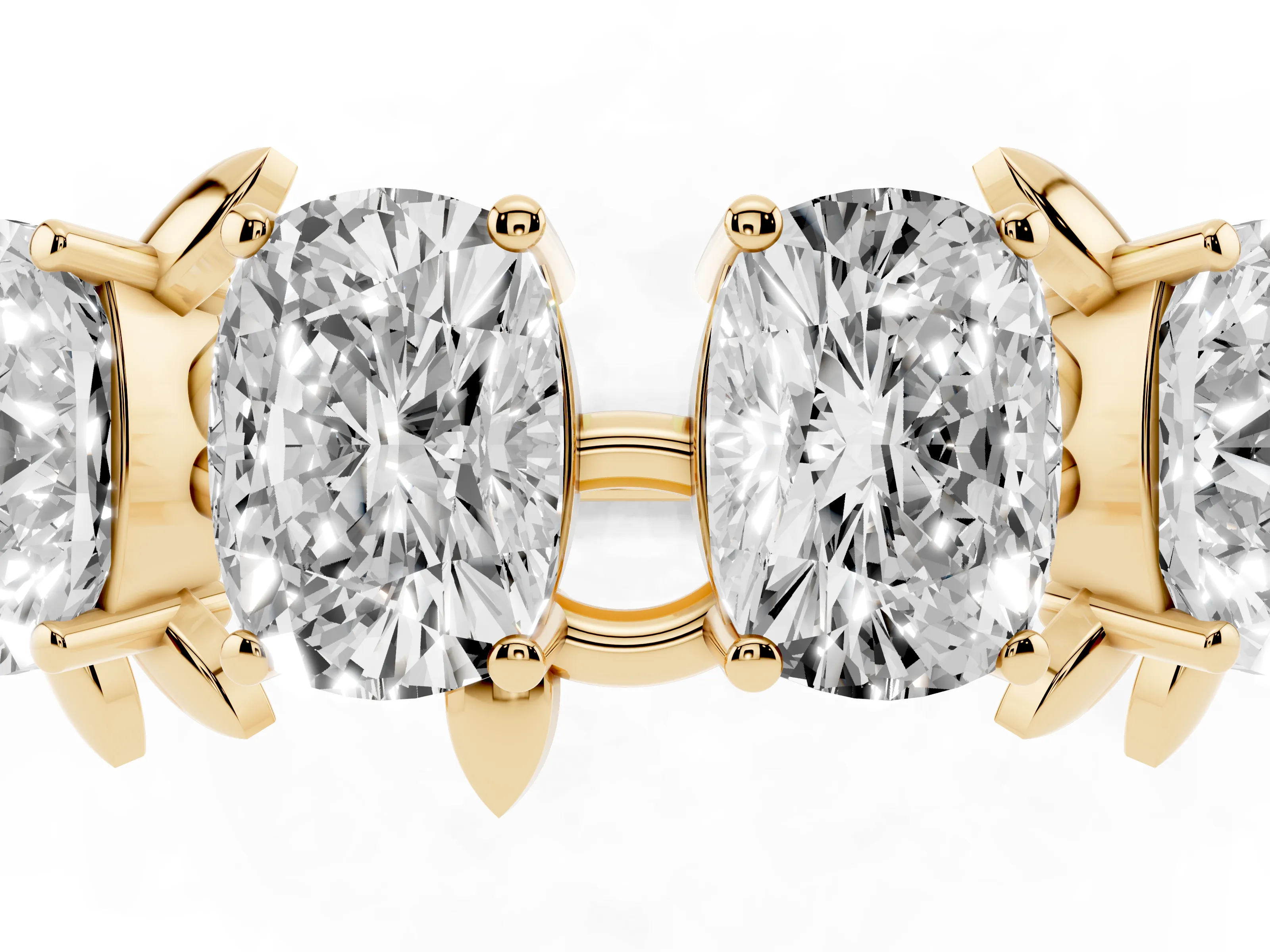 Elongated Cushion Diamond Four-Stone Band Set in Yellow gold with Leaf Prong Setting
