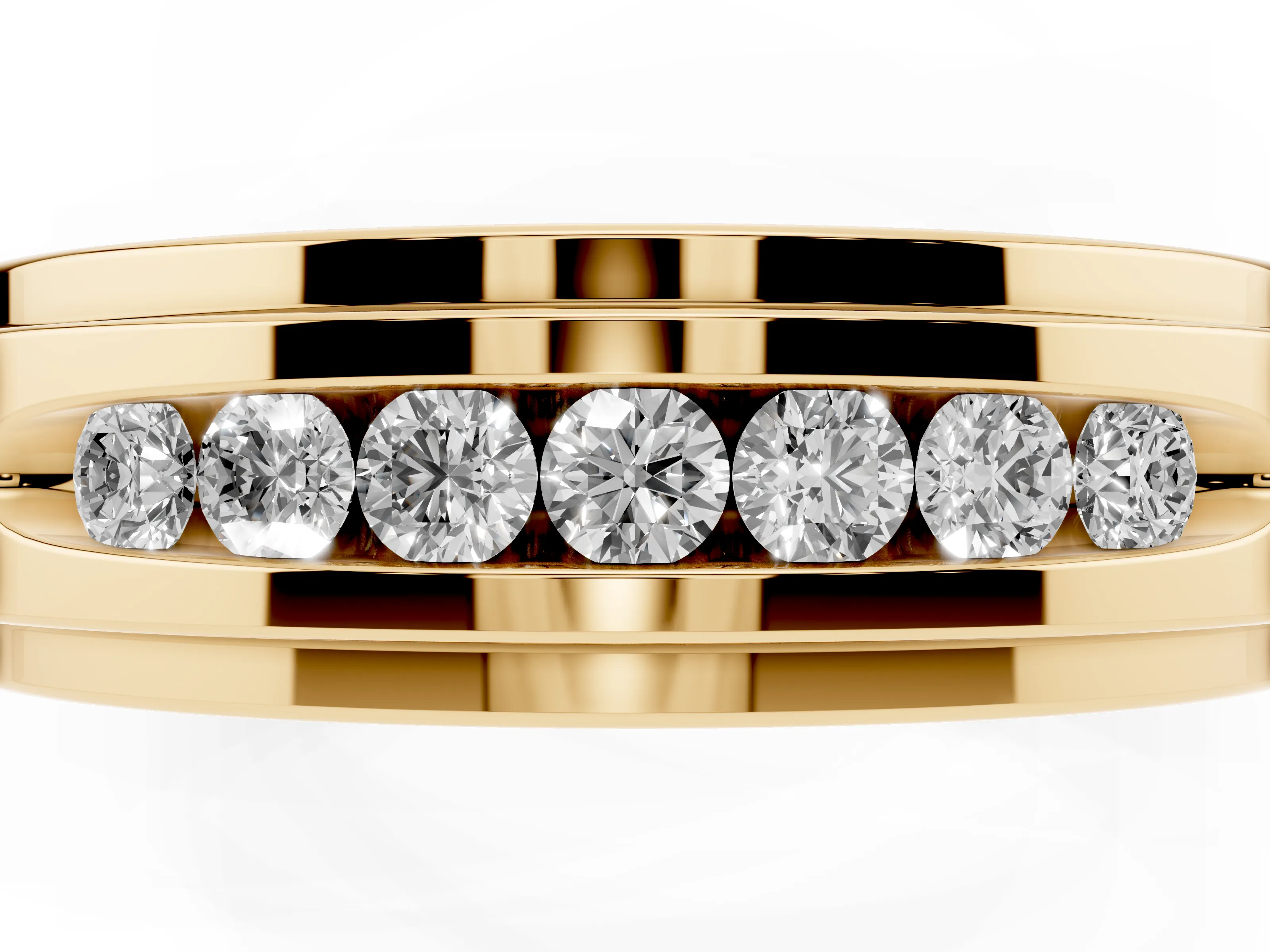 Round Diamond Seven-Stone Channel Mens Band Set in Yellow gold with Recessed Setting