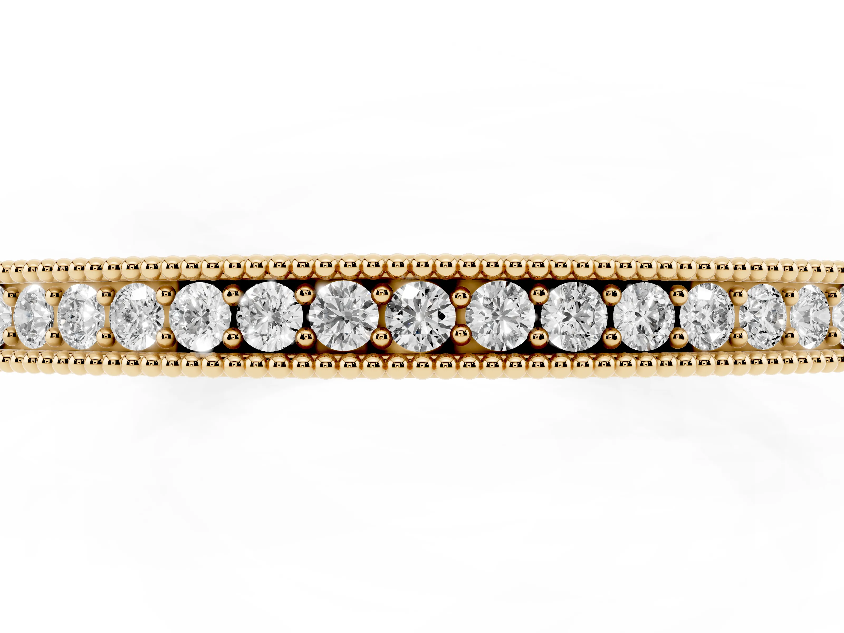 Round Cut Diamond Pavé Eternity Band Set in Yellow gold with Beaded Milgrain Edge