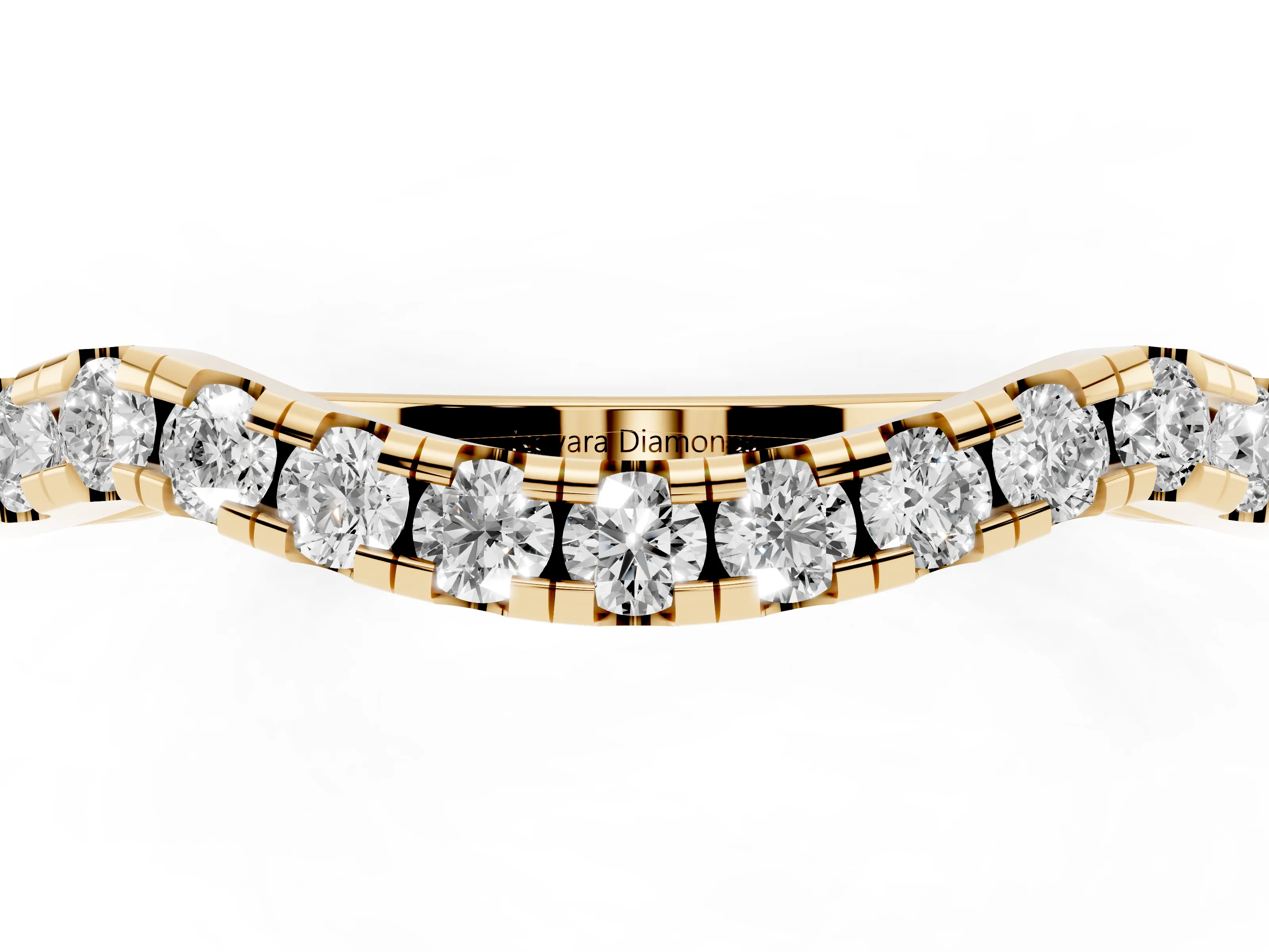 Round Diamond Curved Pavé Eternity Band Set in Yellow gold with Shared Prongs