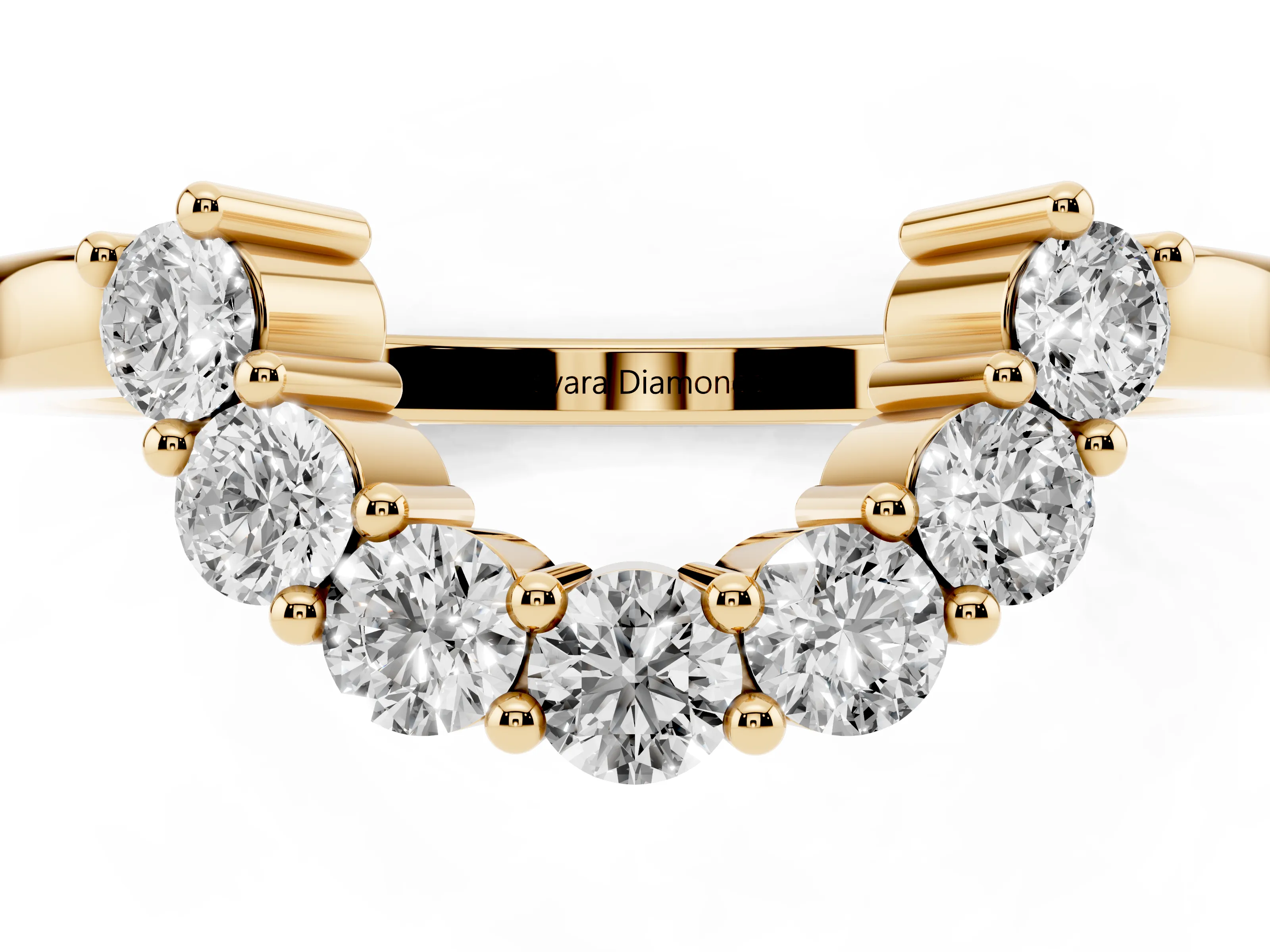 Round Diamond Curved Pavé Band Set in Yellow gold with Prong Setting