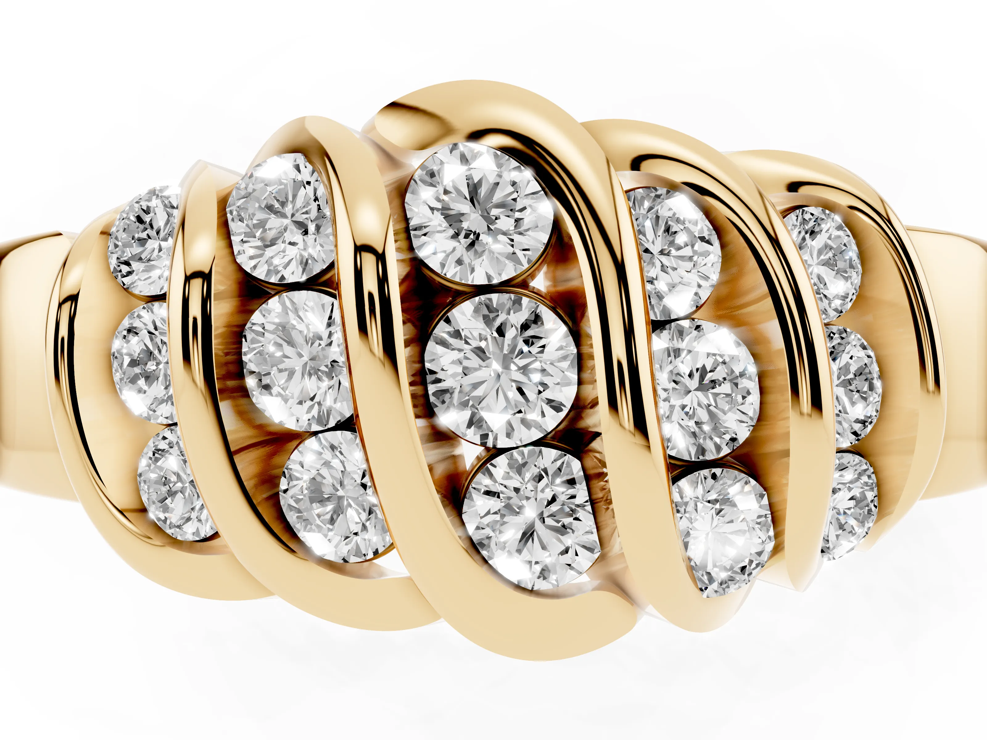 Round Diamond Multi-Row Crossover Band Set in Yellow gold with Polished Curves
