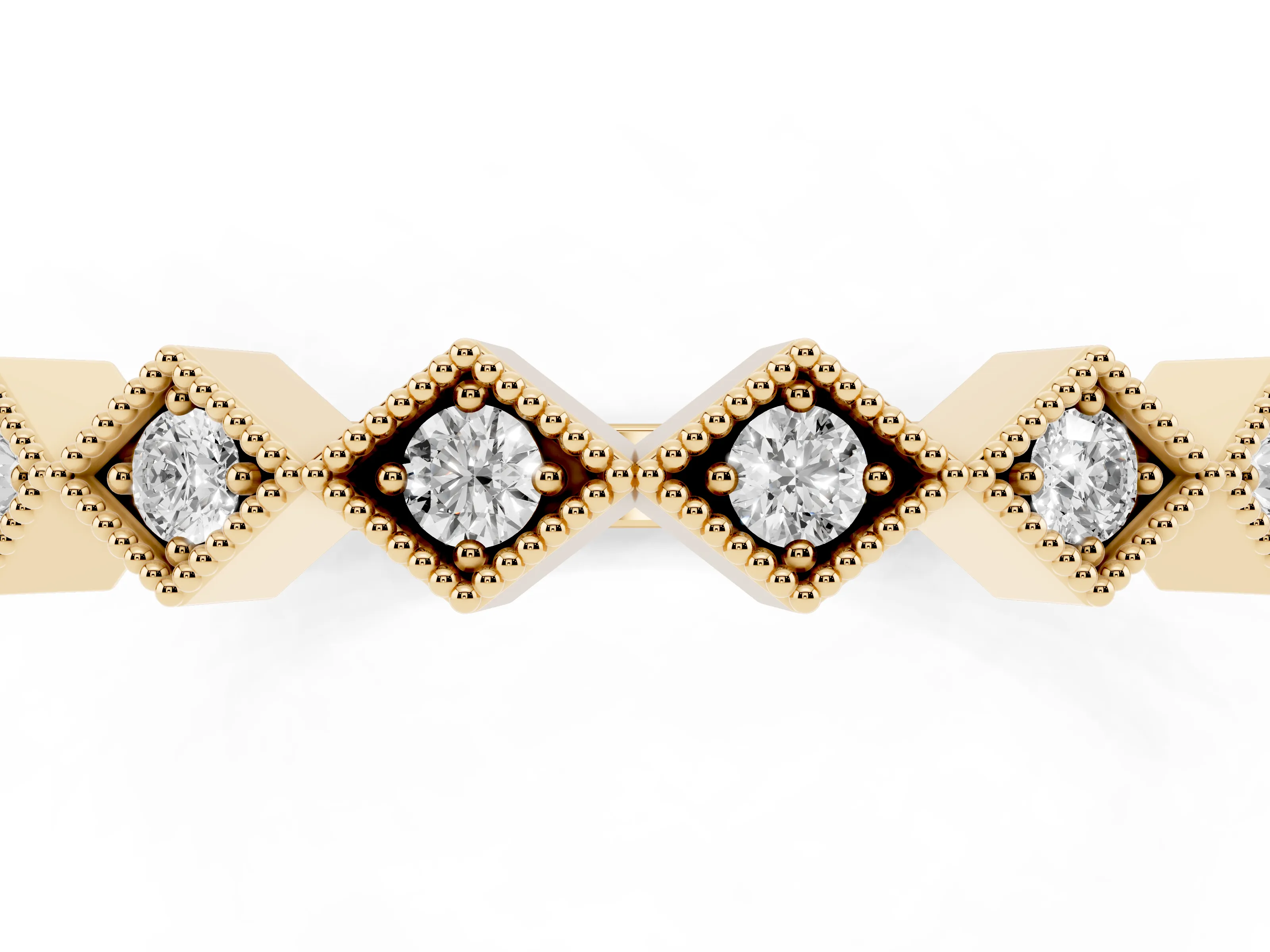 Round Cut Diamond Geometric Stackable Band Set in Yellow gold with Milgrain Bezel Setting