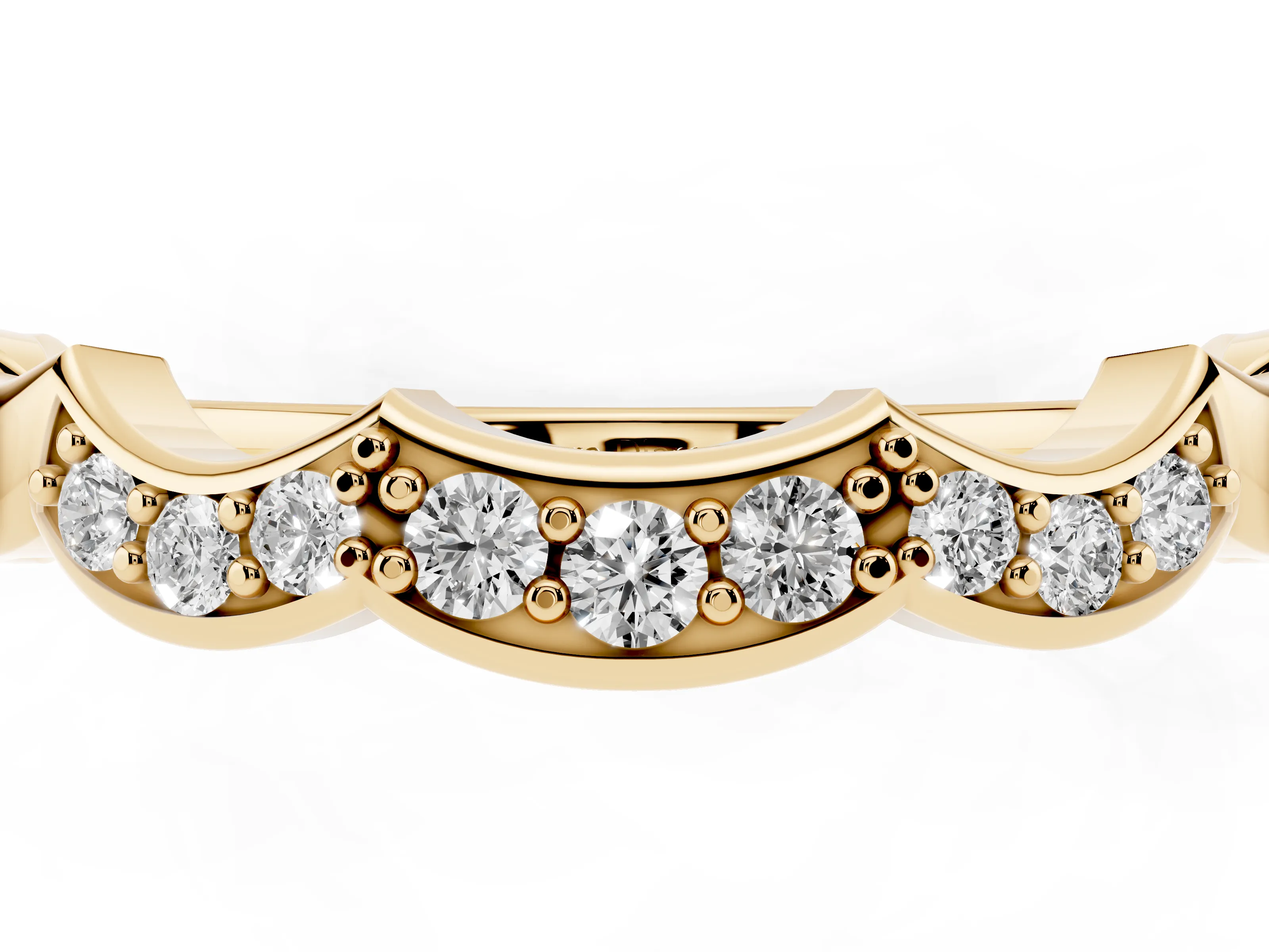 Round Diamond Scalloped Curved Band Set in Yellow gold with Shared Prong Setting